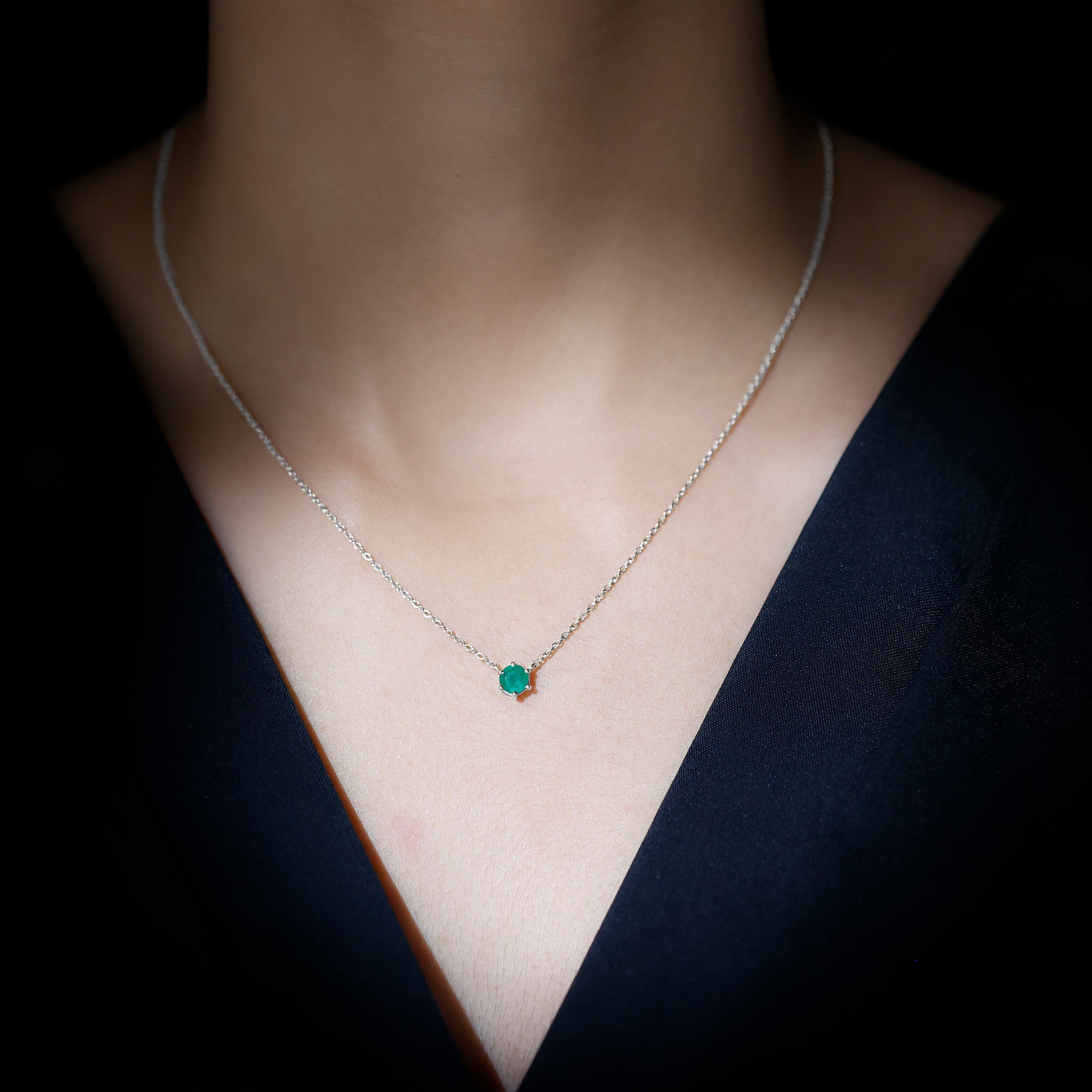 5MM Round Cut Solitaire Emerald Necklace in 6 Prong Setting AAA - Rosec Jewels
