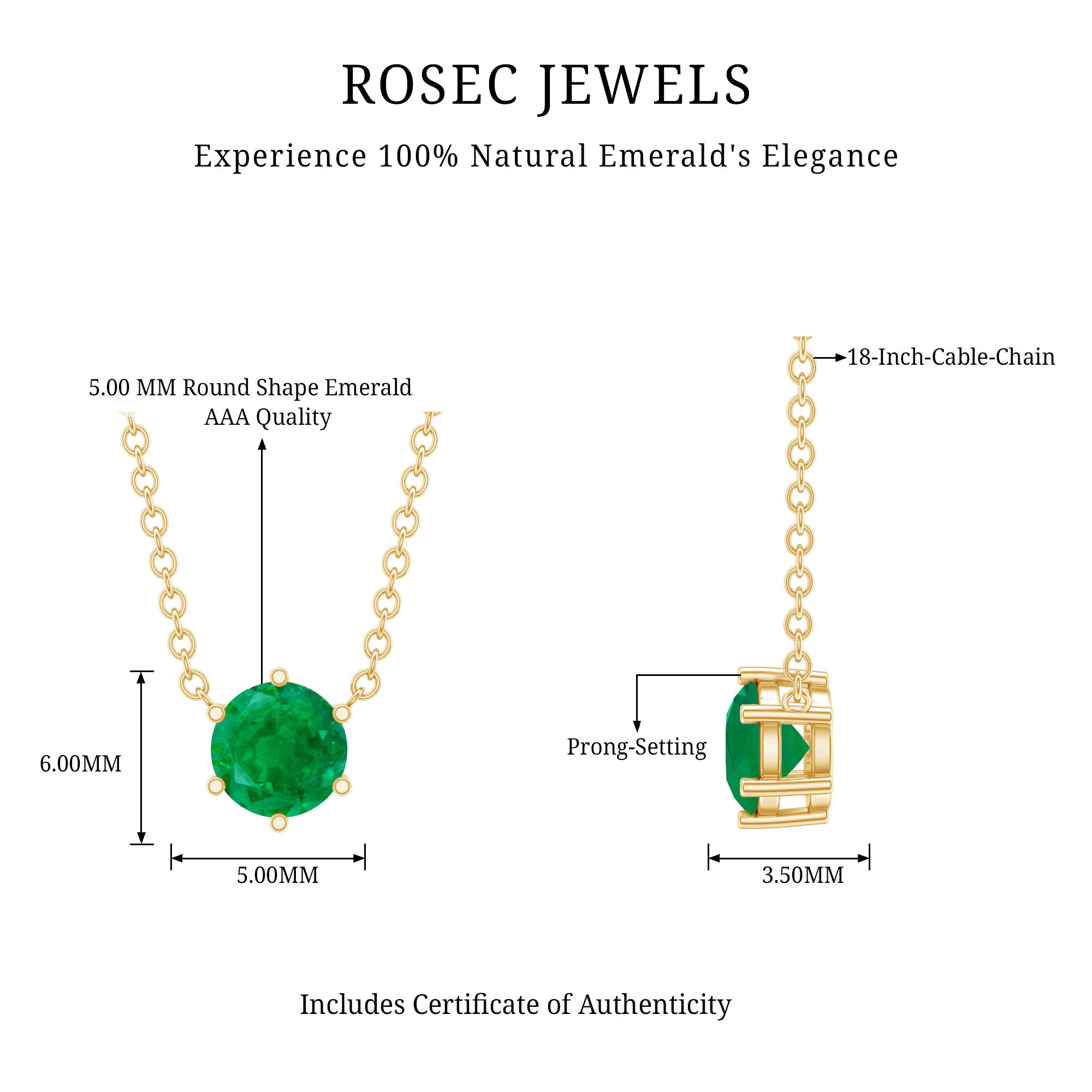 5MM Round Cut Solitaire Emerald Necklace in 6 Prong Setting AAA - Rosec Jewels