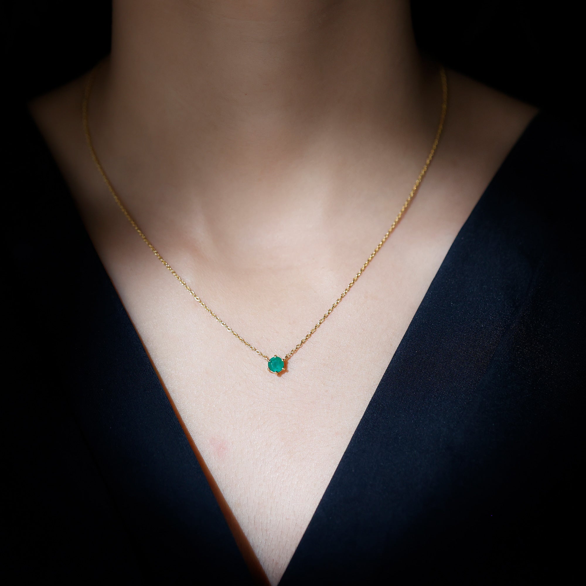 5MM Round Cut Solitaire Emerald Necklace in 6 Prong Setting AAA - Rosec Jewels