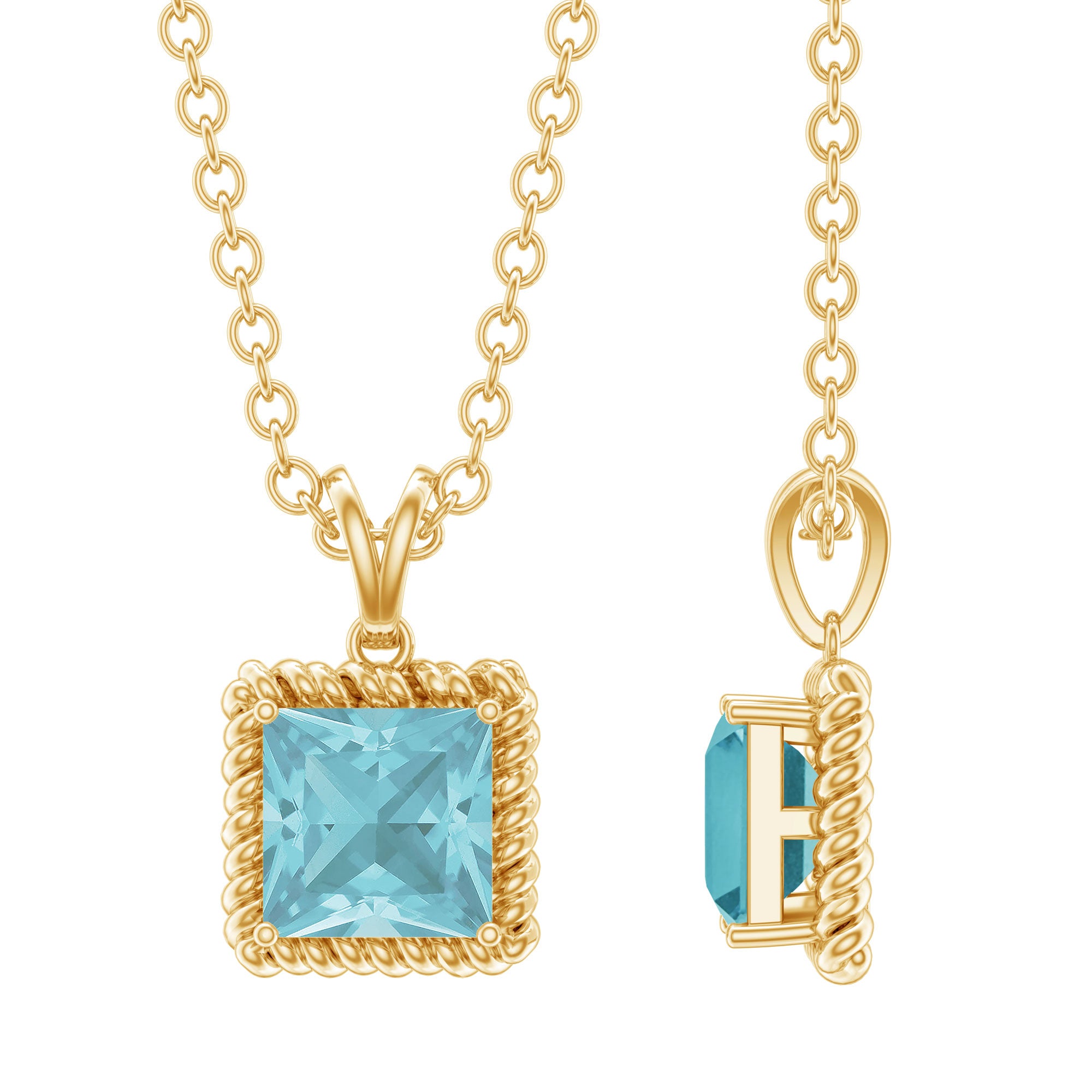Rosec Jewels-Solitaire Sky Blue Topaz Princess Cut Necklace with Silver Chain