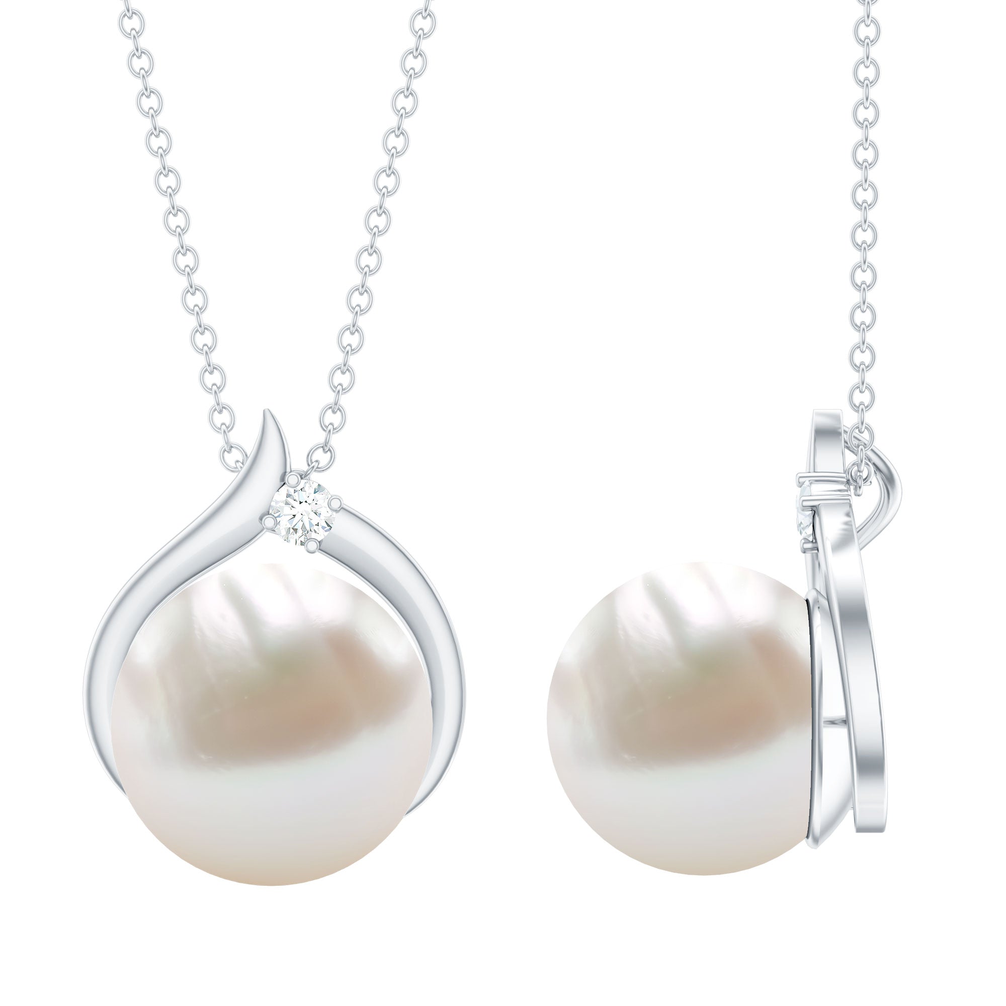 11 Carat White Pearl Solitaire Necklace with Diamond AAA - Rosec Jewels