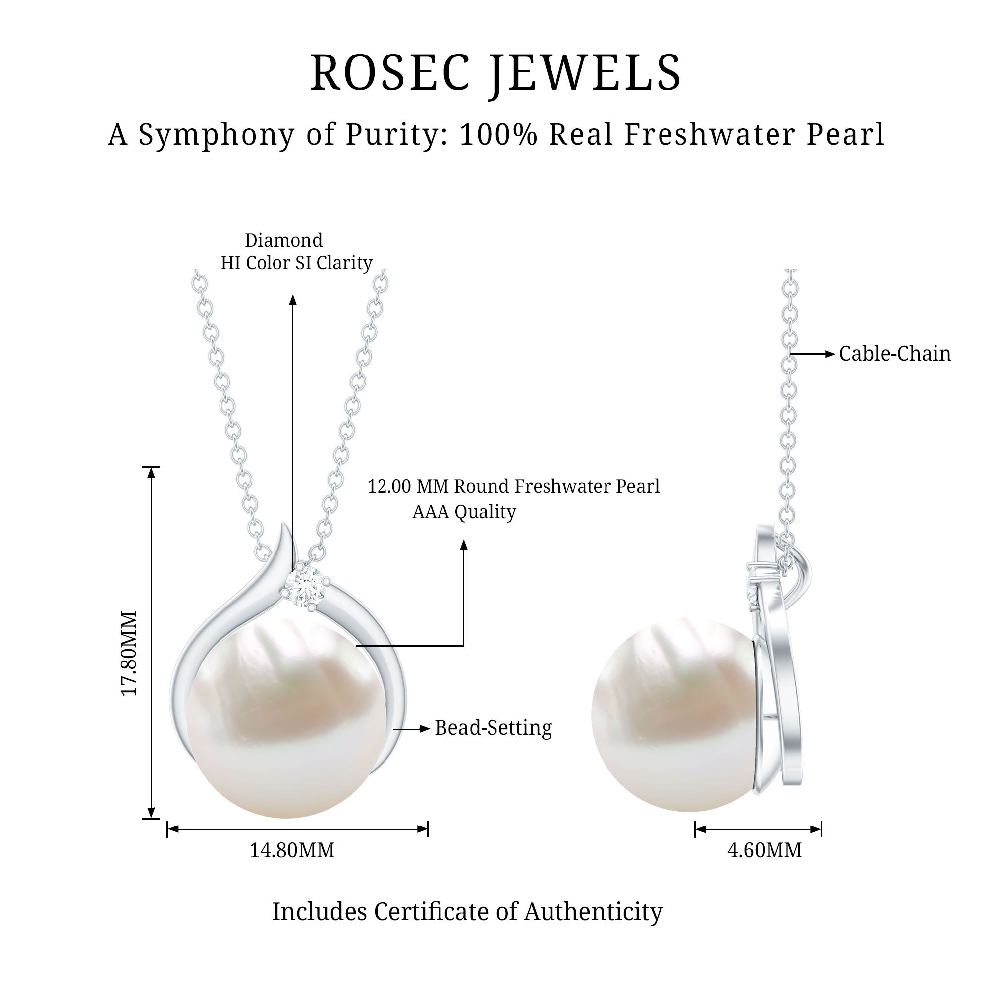 11 Carat White Pearl Solitaire Necklace with Diamond AAA - Rosec Jewels
