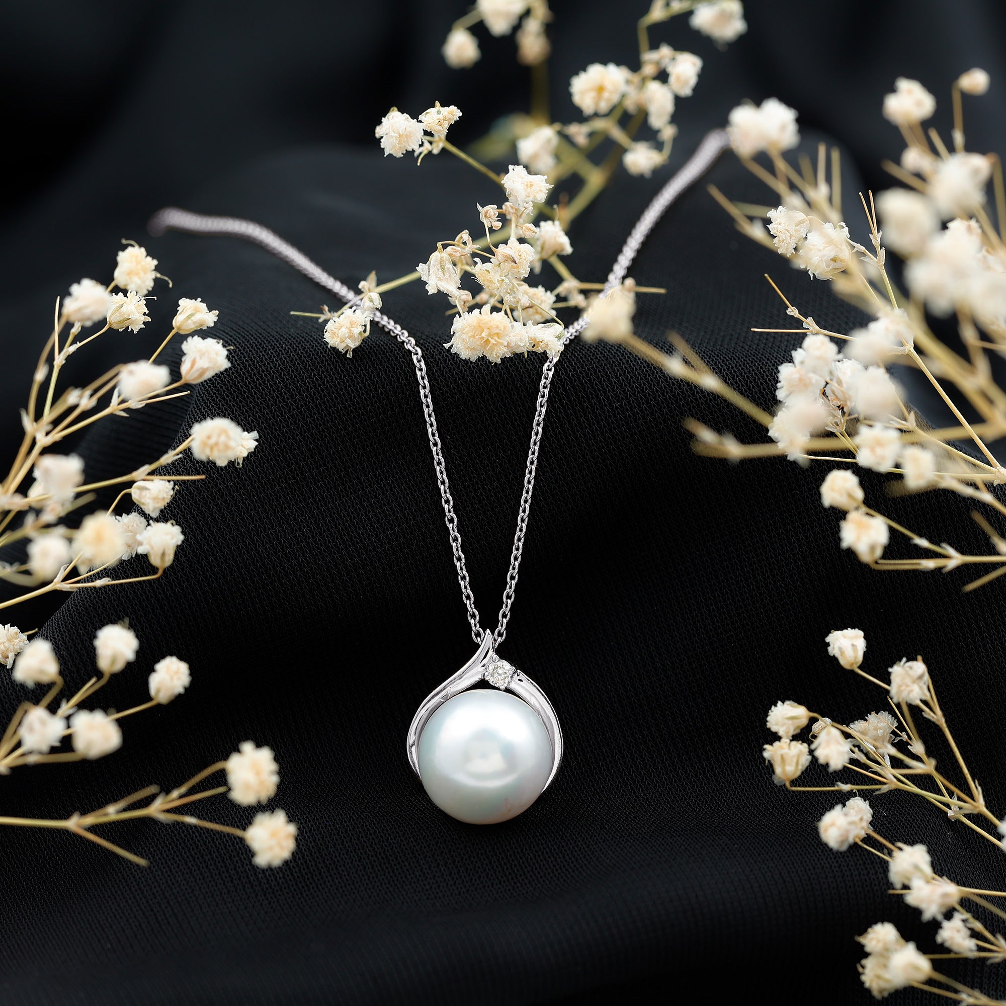 11 Carat White Pearl Solitaire Necklace with Diamond AAA - Rosec Jewels
