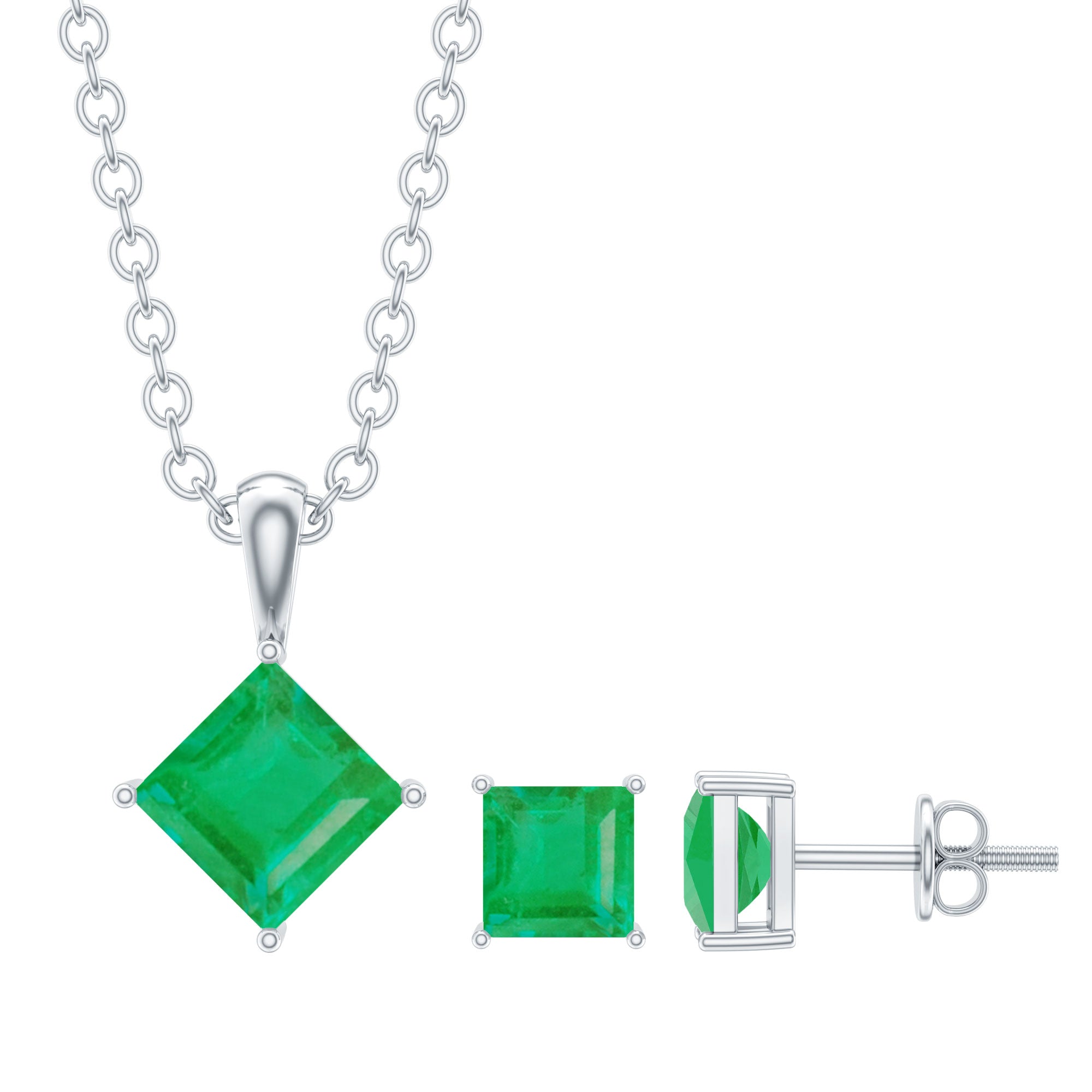 Natural Princess Cut Emerald Solitaire Jewelry Set AAA - Rosec Jewels