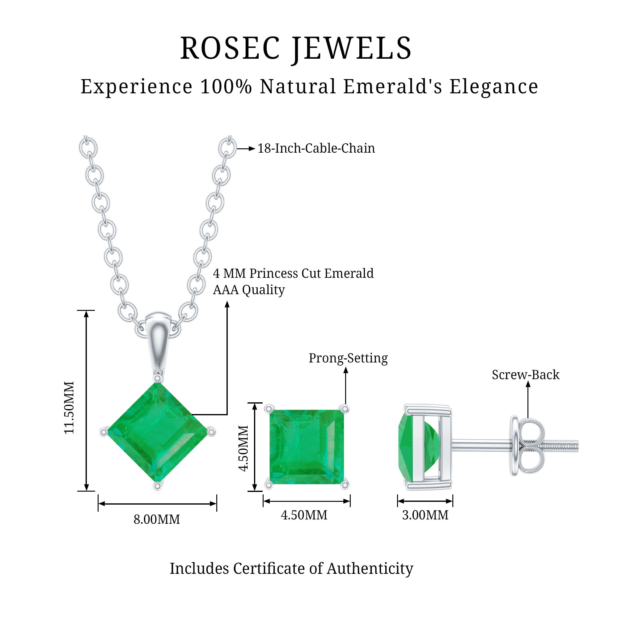 Natural Princess Cut Emerald Solitaire Jewelry Set AAA - Rosec Jewels