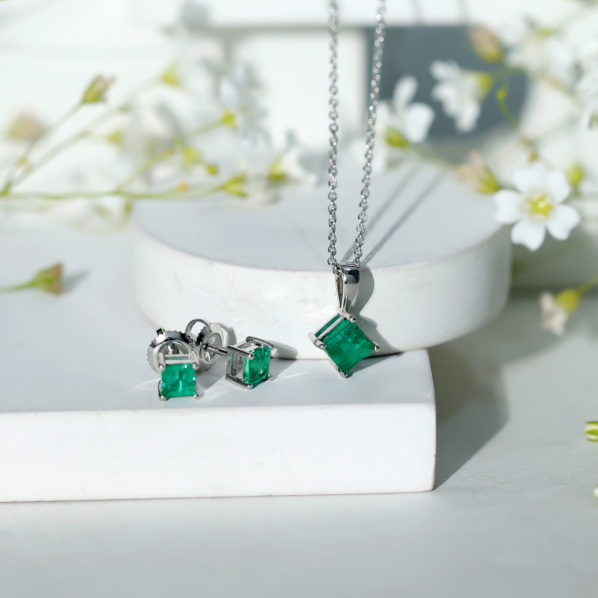 Natural Princess Cut Emerald Solitaire Jewelry Set AAA - Rosec Jewels