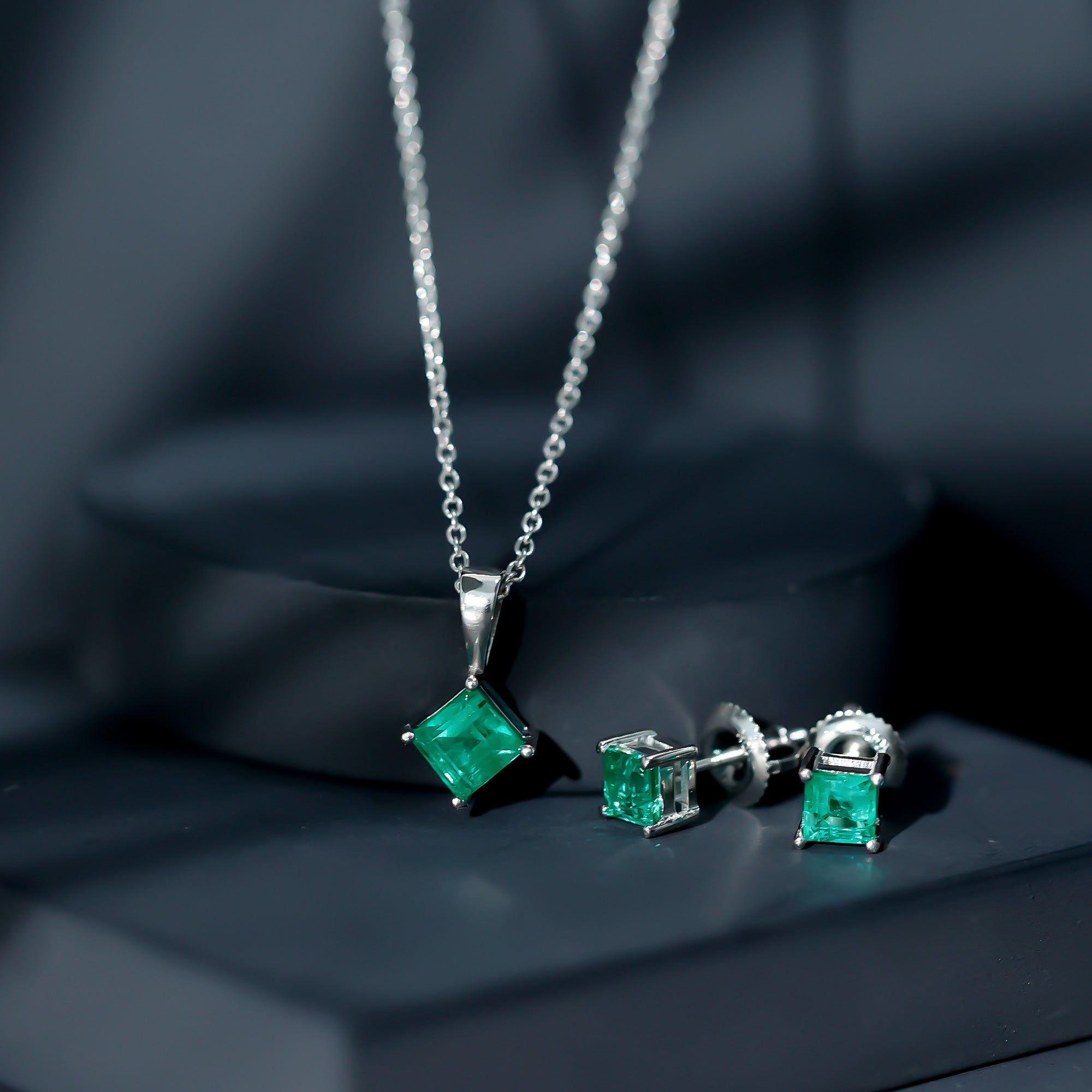 Natural Princess Cut Emerald Solitaire Jewelry Set AAA - Rosec Jewels