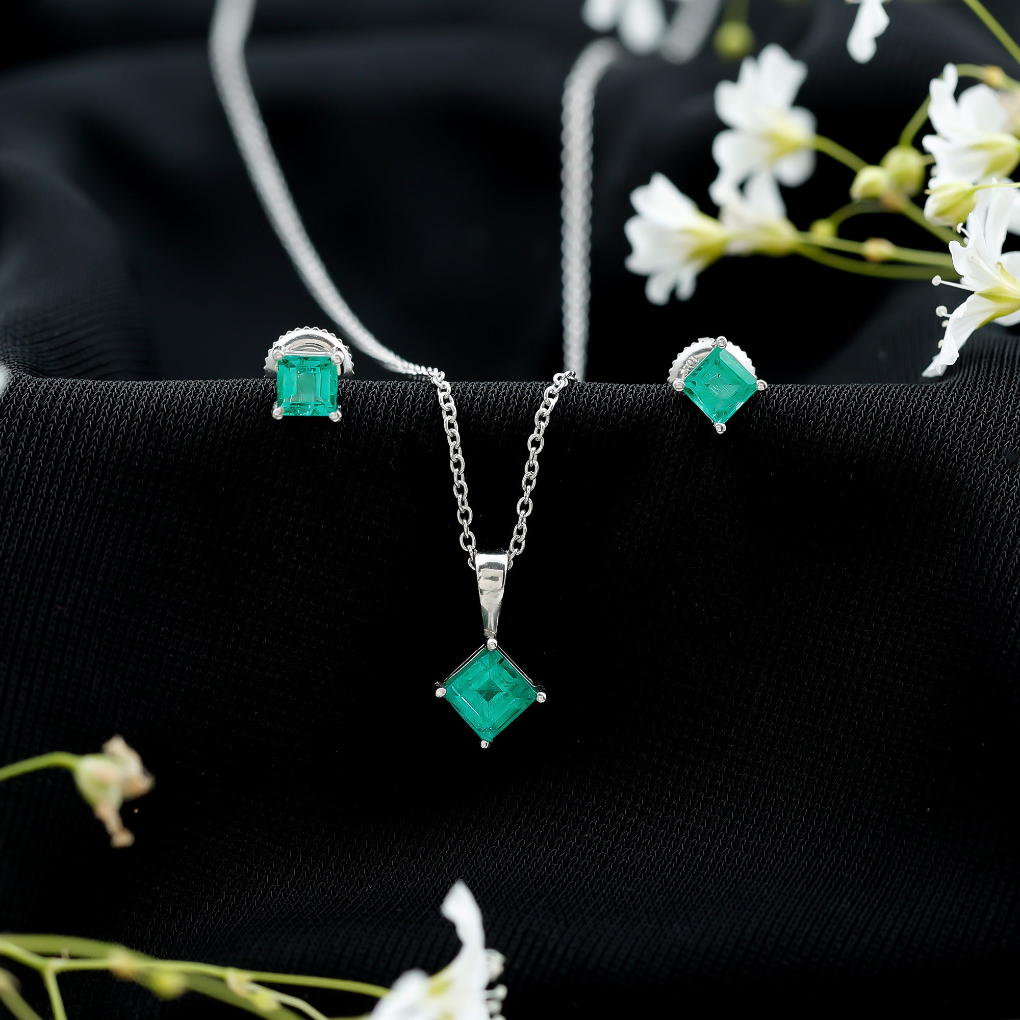 Natural Princess Cut Emerald Solitaire Jewelry Set AAA - Rosec Jewels