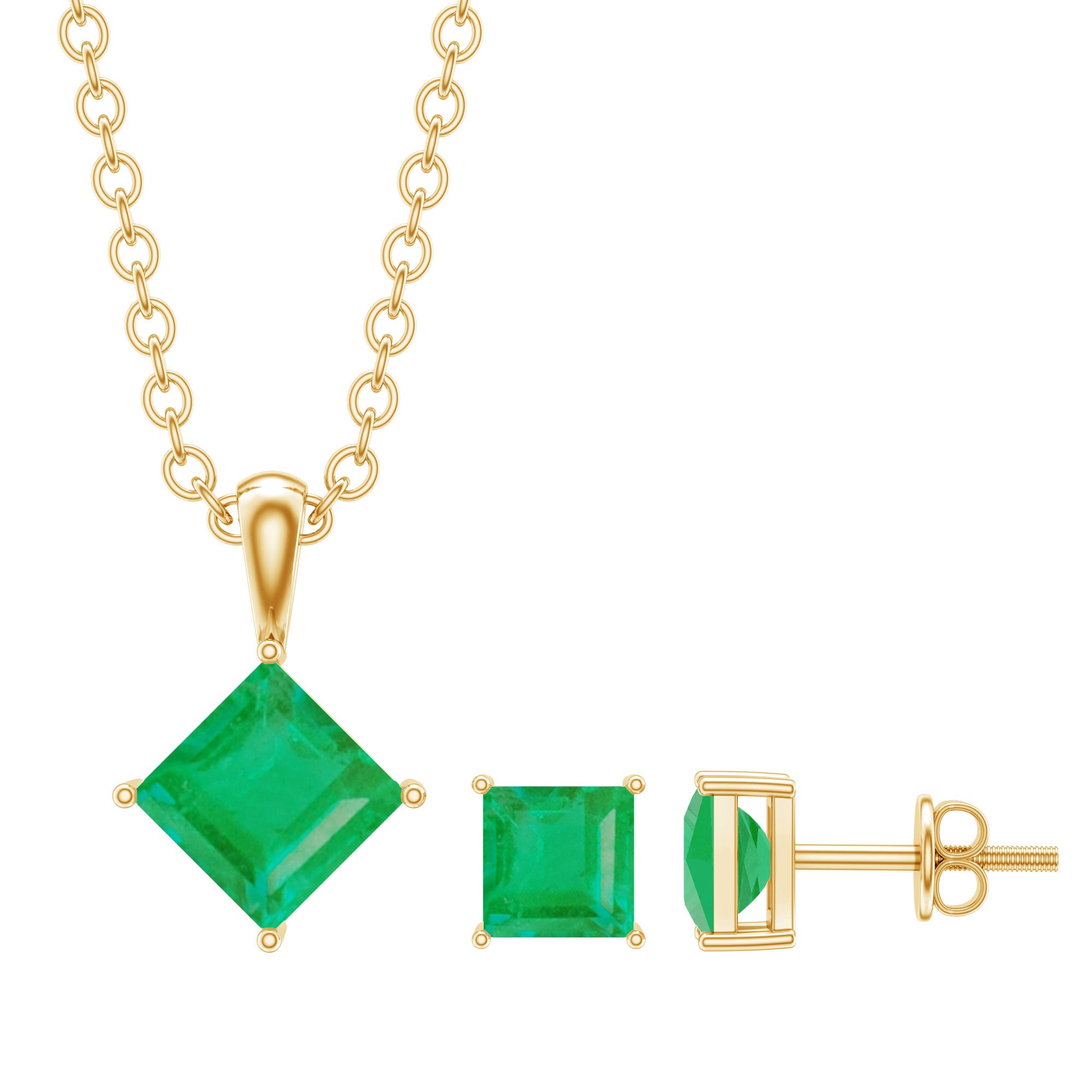 Natural Princess Cut Emerald Solitaire Jewelry Set AAA - Rosec Jewels