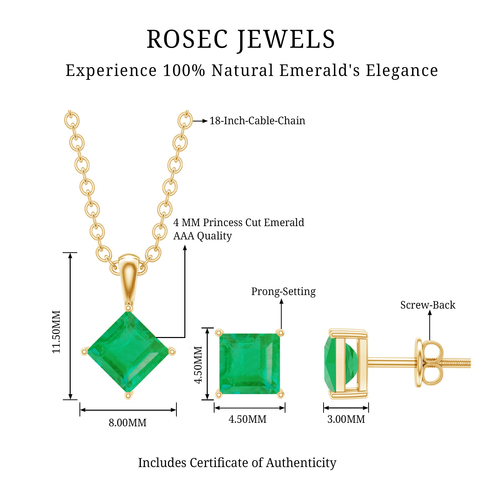 Natural Princess Cut Emerald Solitaire Jewelry Set AAA - Rosec Jewels