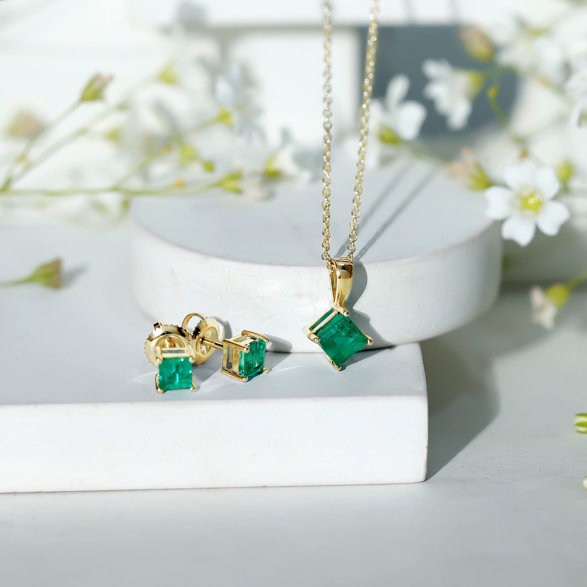 Natural Princess Cut Emerald Solitaire Jewelry Set AAA - Rosec Jewels