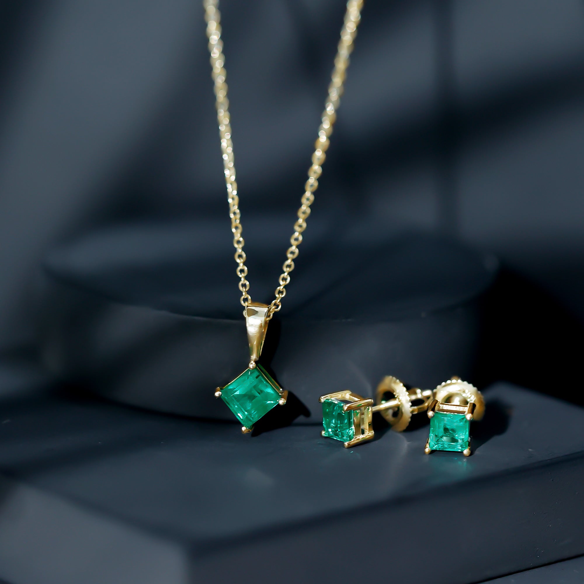 Natural Princess Cut Emerald Solitaire Jewelry Set AAA - Rosec Jewels