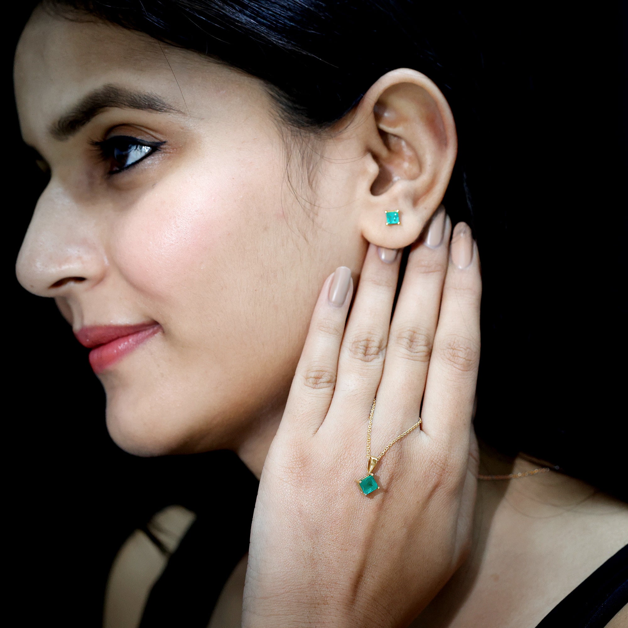 Natural Princess Cut Emerald Solitaire Jewelry Set AAA - Rosec Jewels