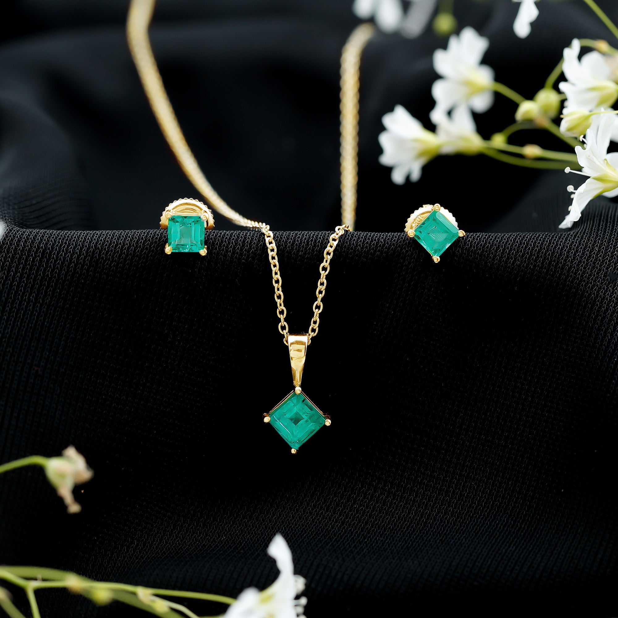 Natural Princess Cut Emerald Solitaire Jewelry Set AAA - Rosec Jewels