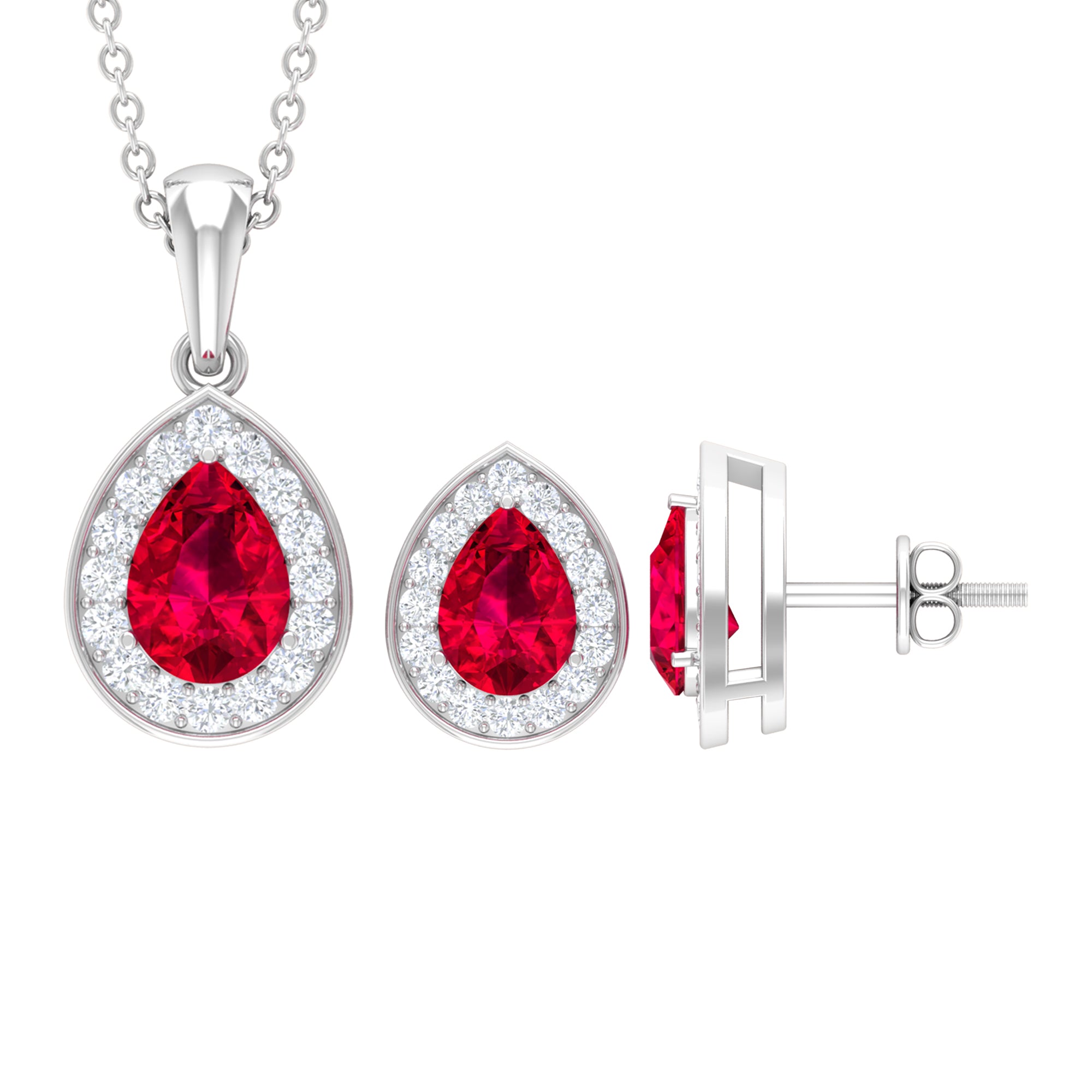 Created Ruby Teardrop Jewelry Set with Moissanite Halo
