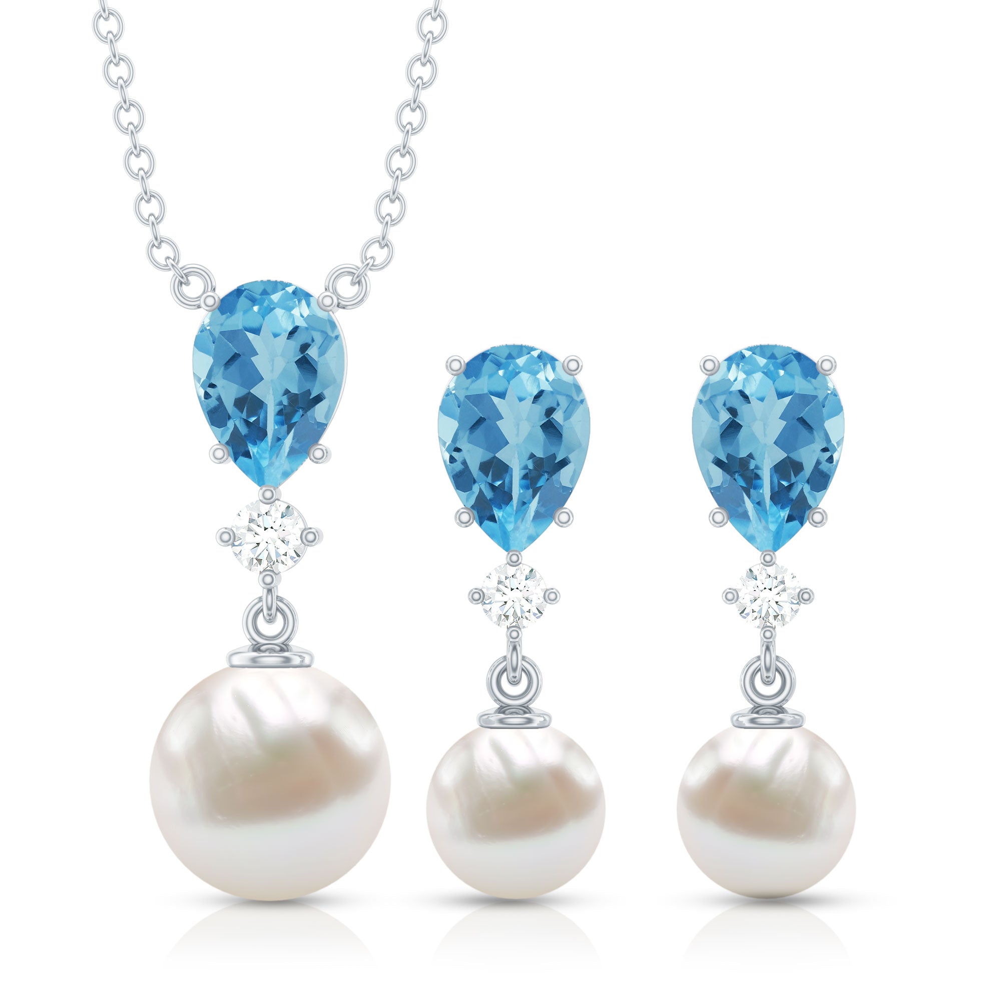 Swiss Blue Topaz and Diamond Jewelry Set with Freshwater Pearl Drop AAA - Rosec Jewels
