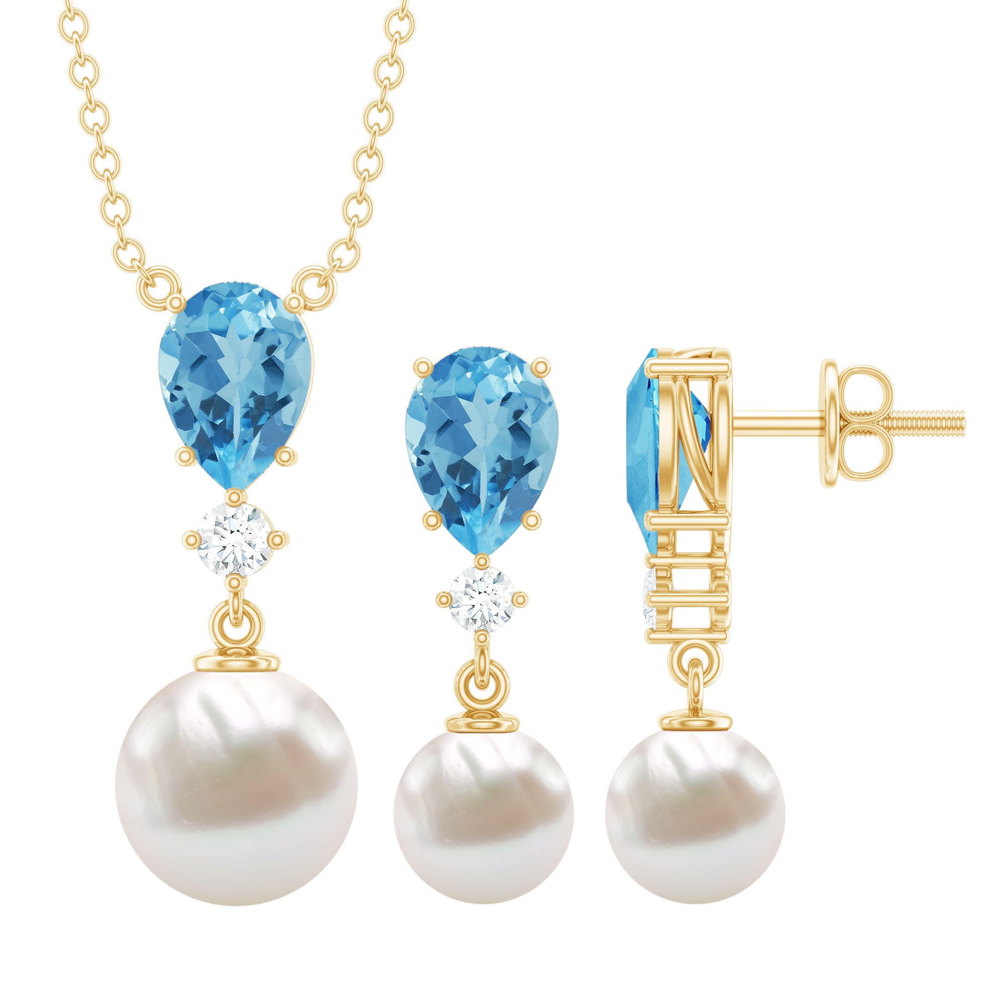 Swiss Blue Topaz and Diamond Jewelry Set with Freshwater Pearl Drop AAA - Rosec Jewels