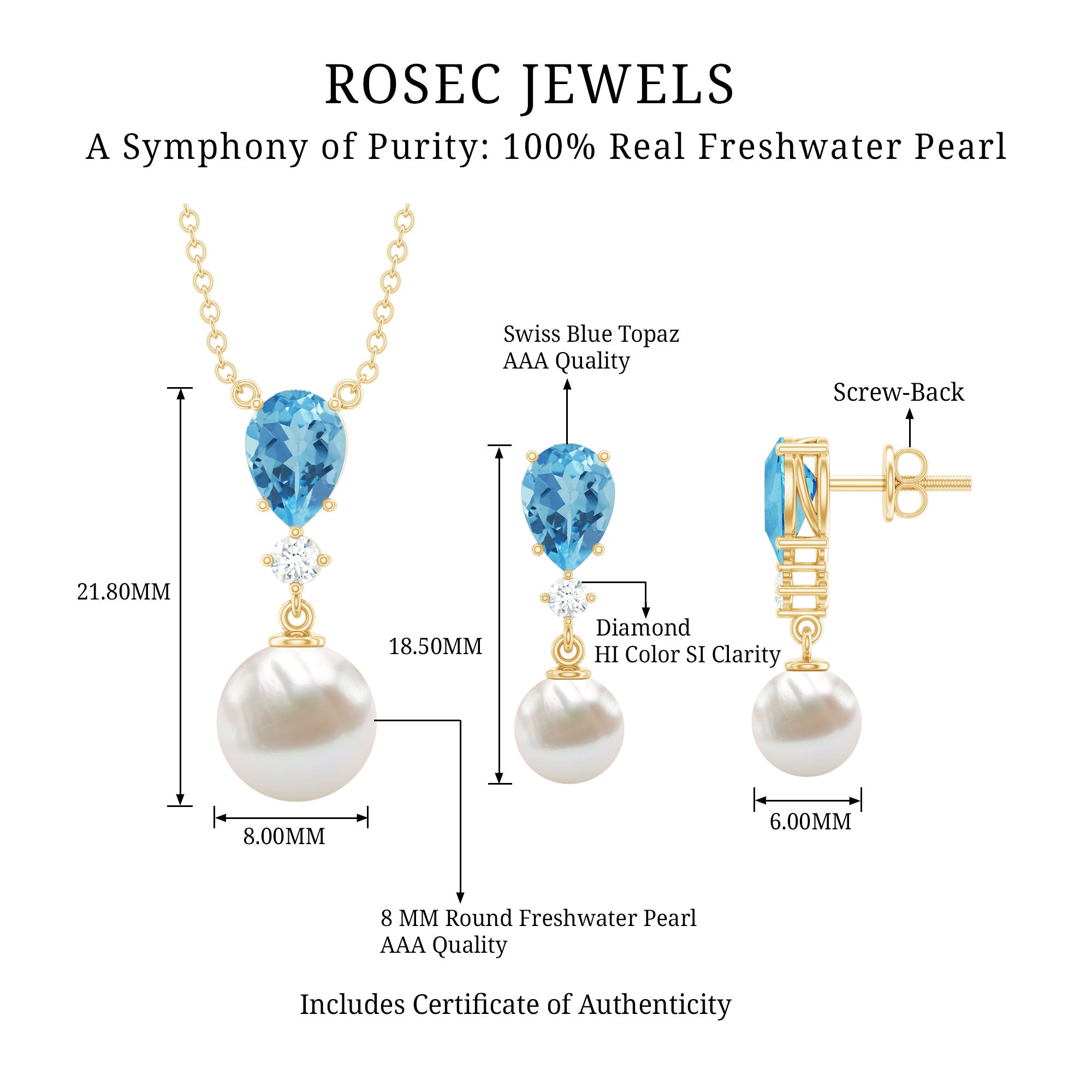 Swiss Blue Topaz and Diamond Jewelry Set with Freshwater Pearl Drop AAA - Rosec Jewels