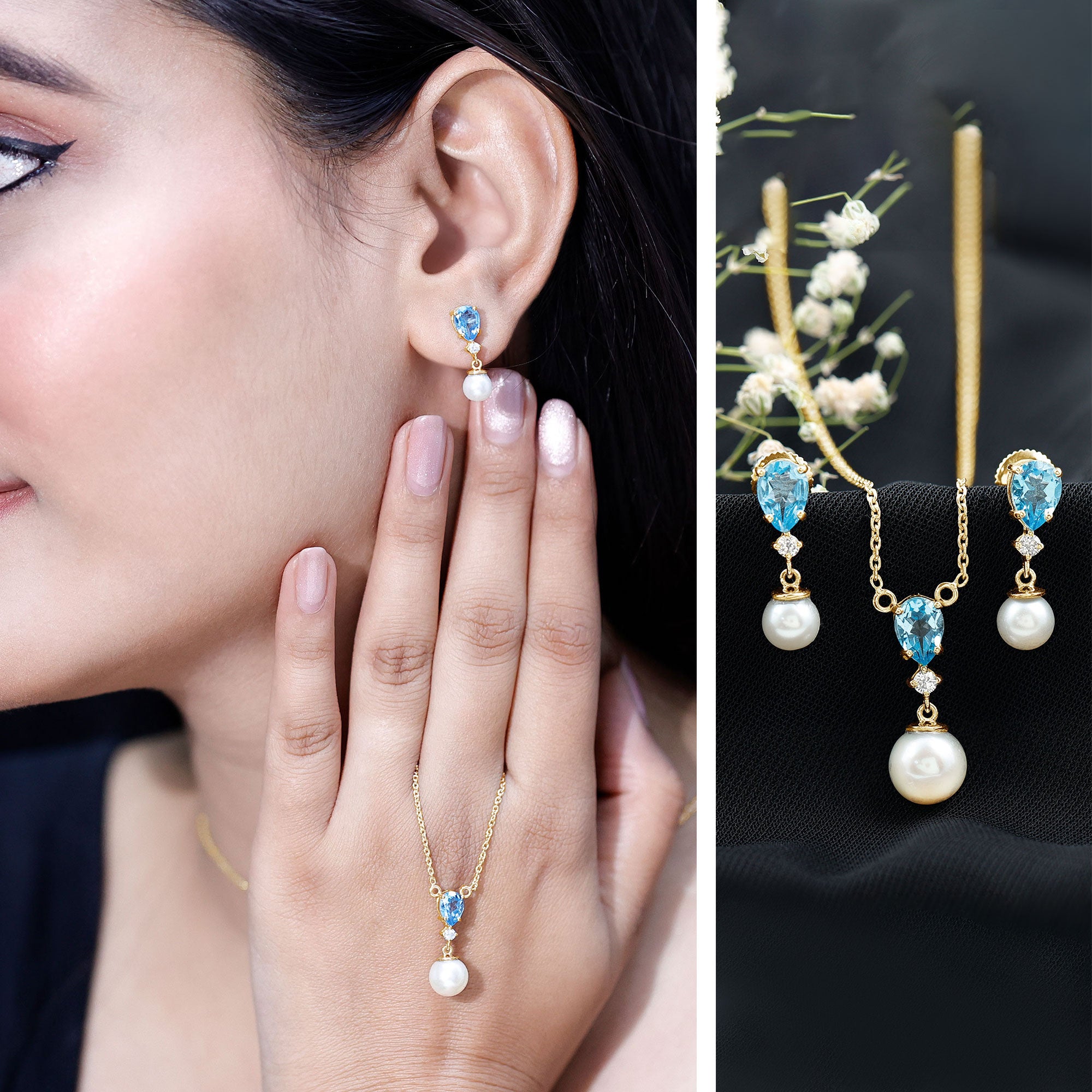 Swiss Blue Topaz and Diamond Jewelry Set with Freshwater Pearl Drop AAA - Rosec Jewels