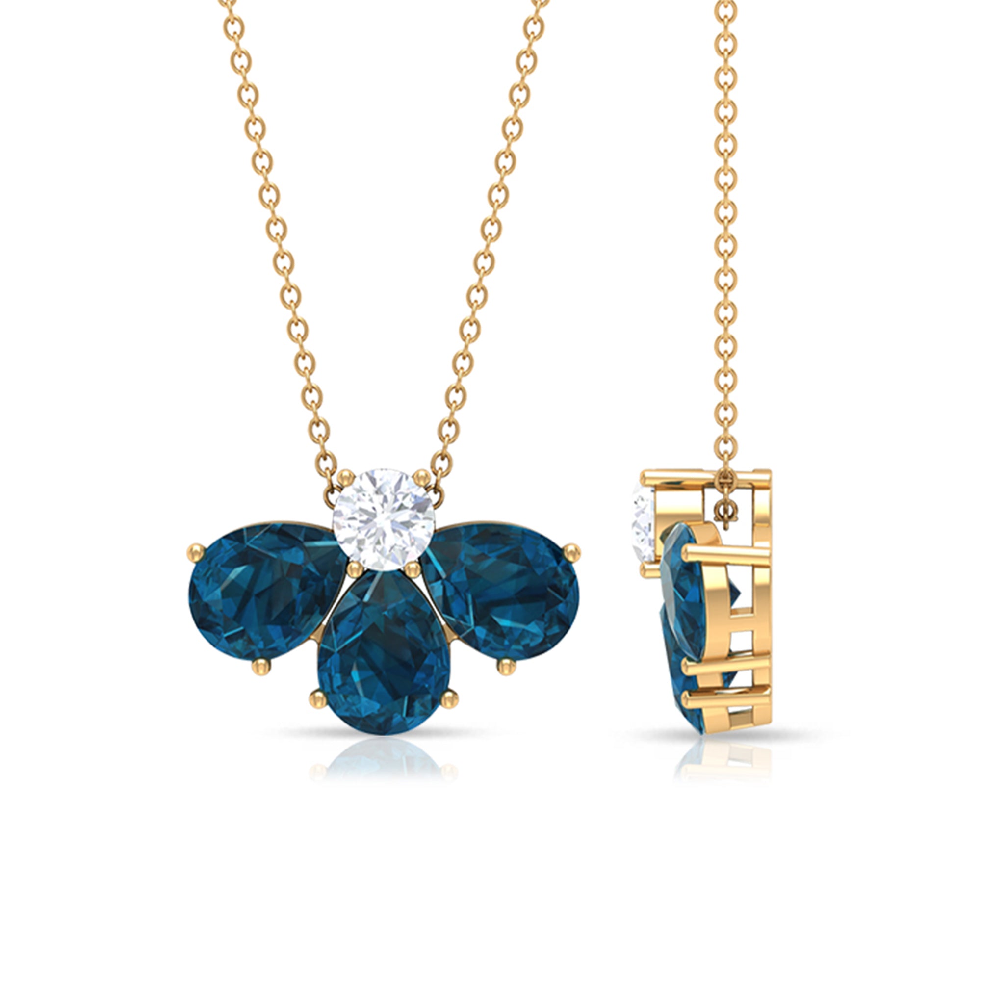 Real 2.37 Carat Pear Cut London Blue Topaz Flower Necklace AAA - Rosec Jewels