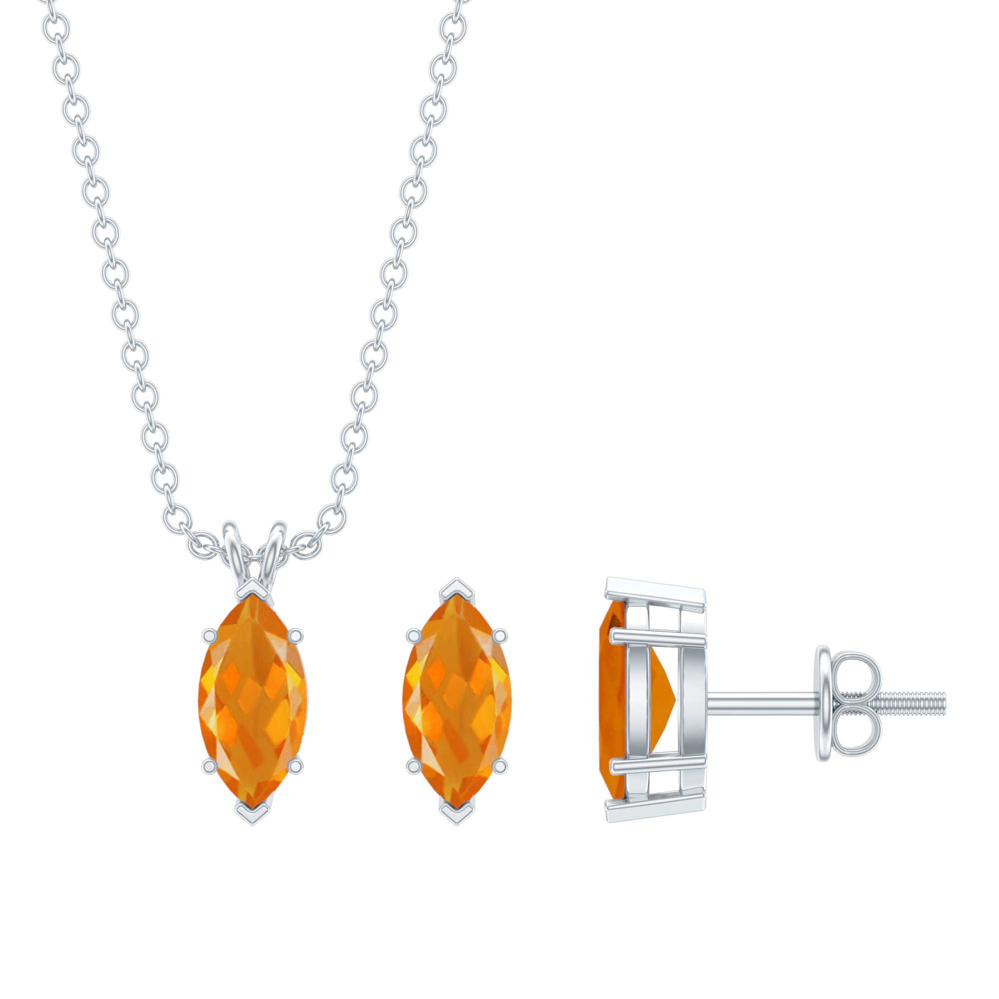 Genuine Marquise Cut Fire Opal Solitaire Necklace and Earring Set AAA - Rosec Jewels
