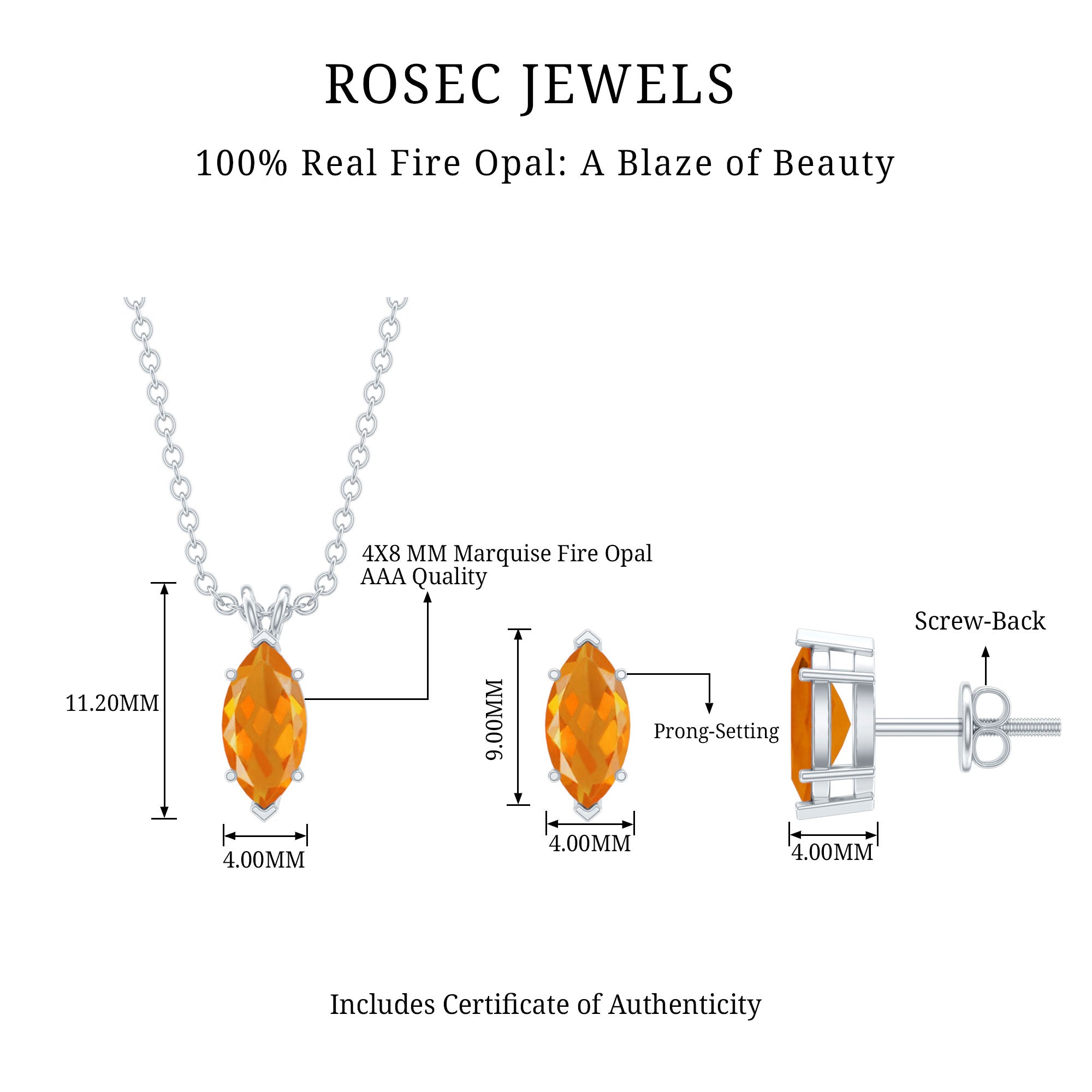 Genuine Marquise Cut Fire Opal Solitaire Necklace and Earring Set AAA - Rosec Jewels