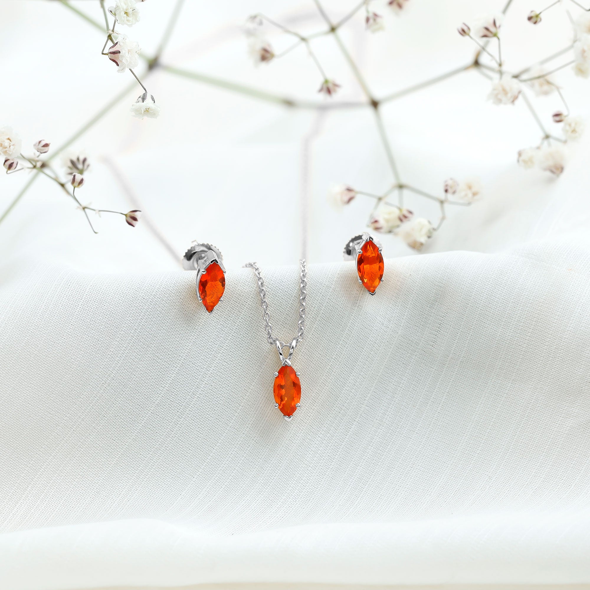 Genuine Marquise Cut Fire Opal Solitaire Necklace and Earring Set AAA - Rosec Jewels