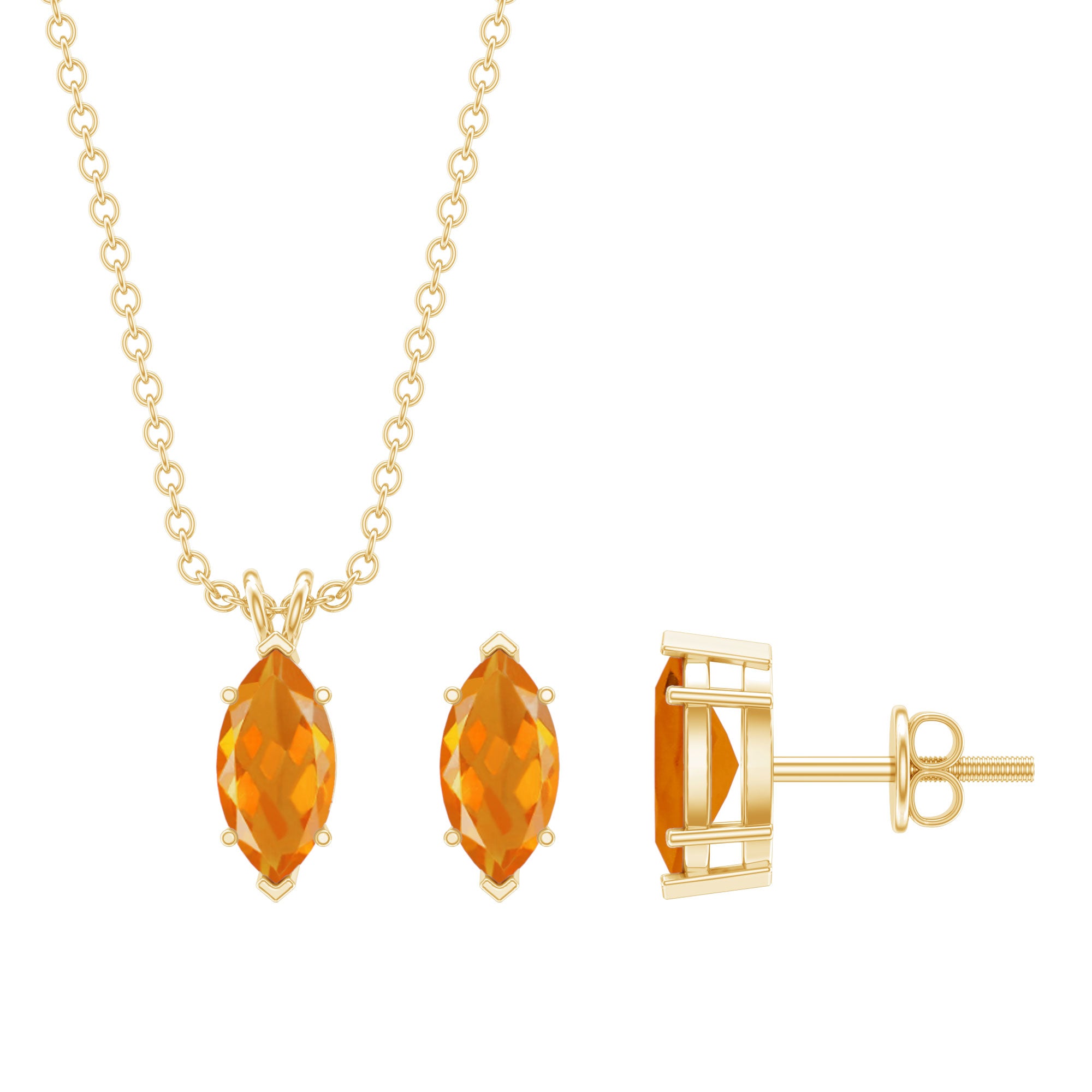 Genuine Marquise Cut Fire Opal Solitaire Necklace and Earring Set AAA - Rosec Jewels