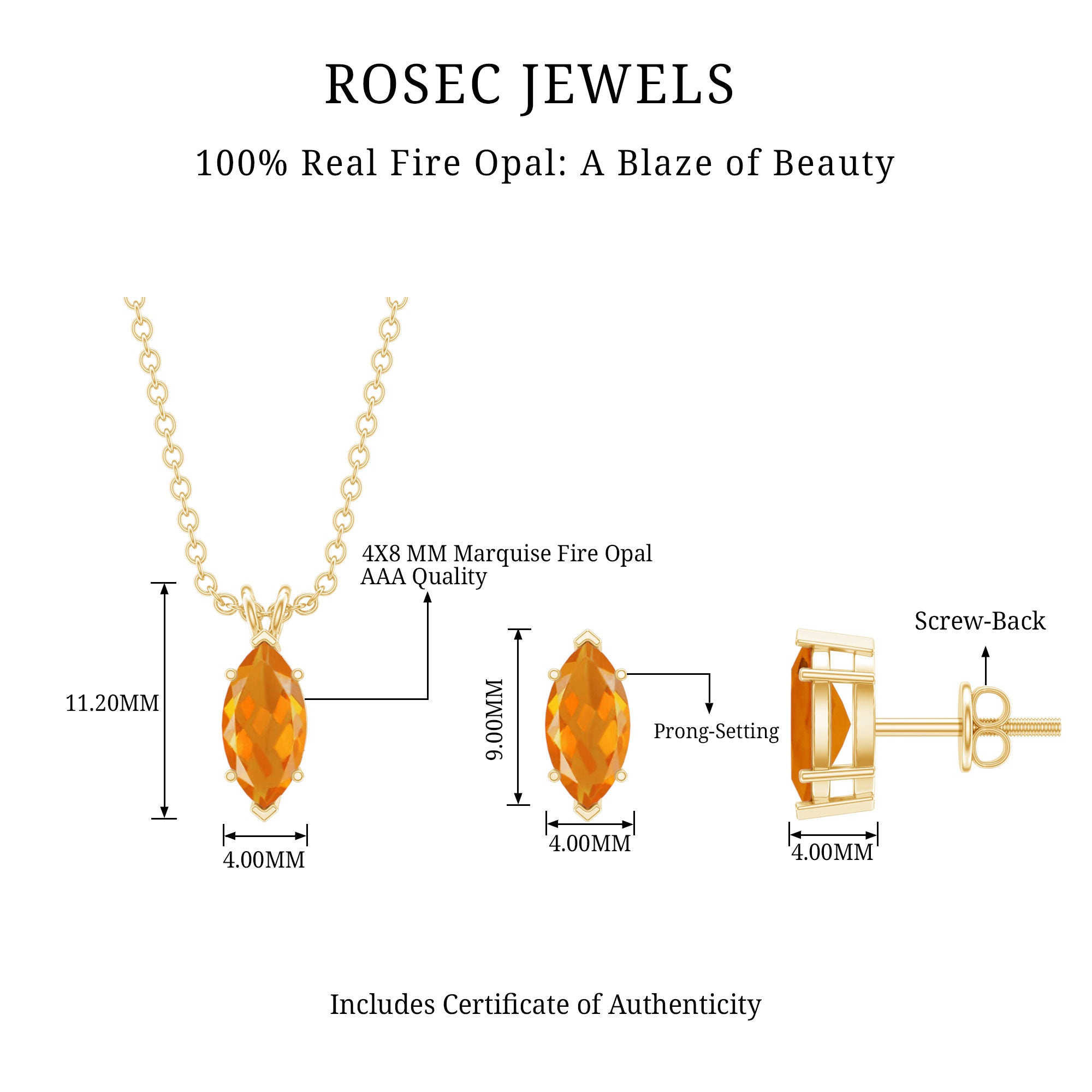 Genuine Marquise Cut Fire Opal Solitaire Necklace and Earring Set AAA - Rosec Jewels