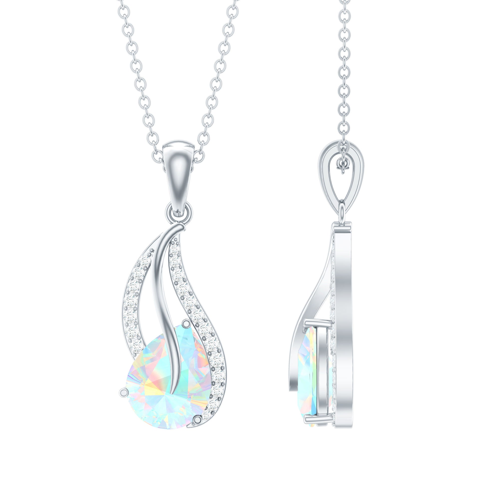 Pear Shaped Ethiopian Opal and Diamond Leaf Pendant Necklace