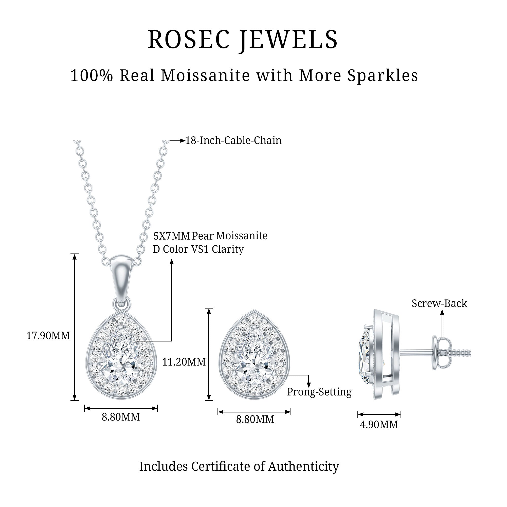 Certified Moissanite Teardrop Jewelry Set D-VS1 - Rosec Jewels