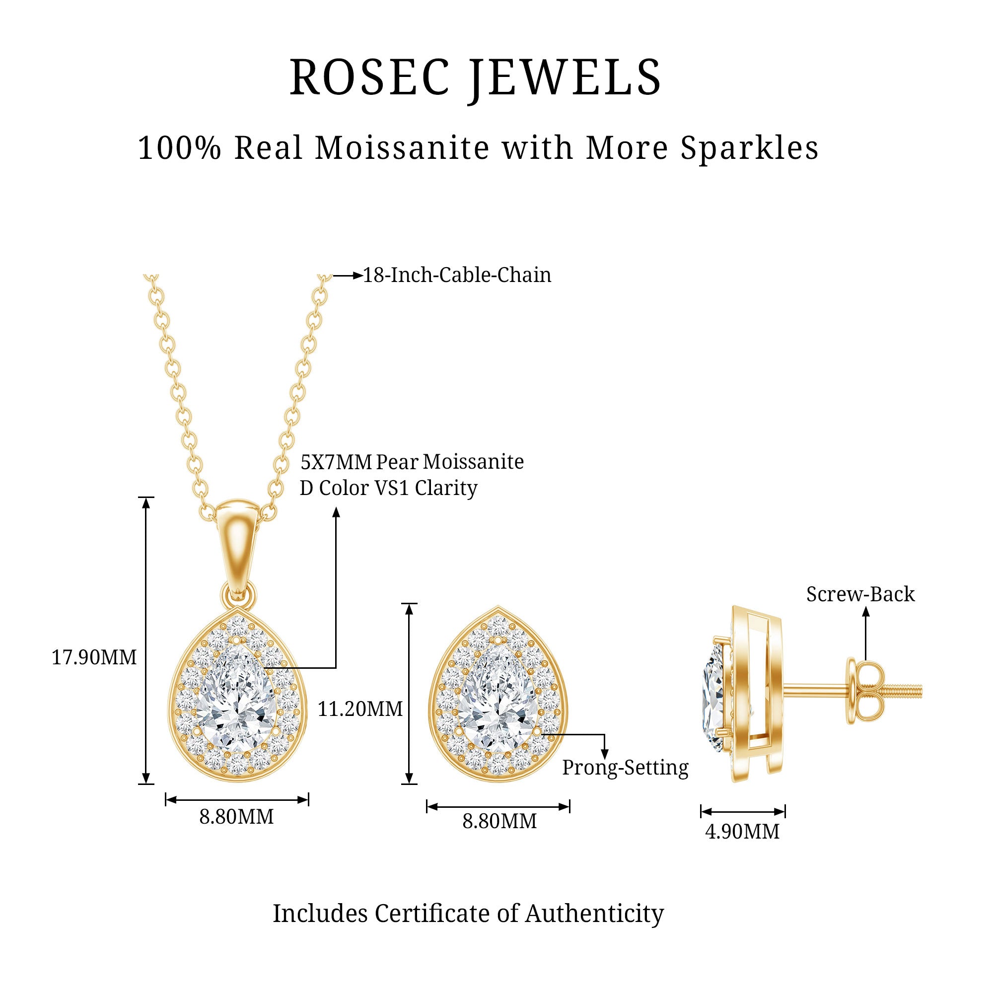 Certified Moissanite Teardrop Jewelry Set D-VS1 - Rosec Jewels