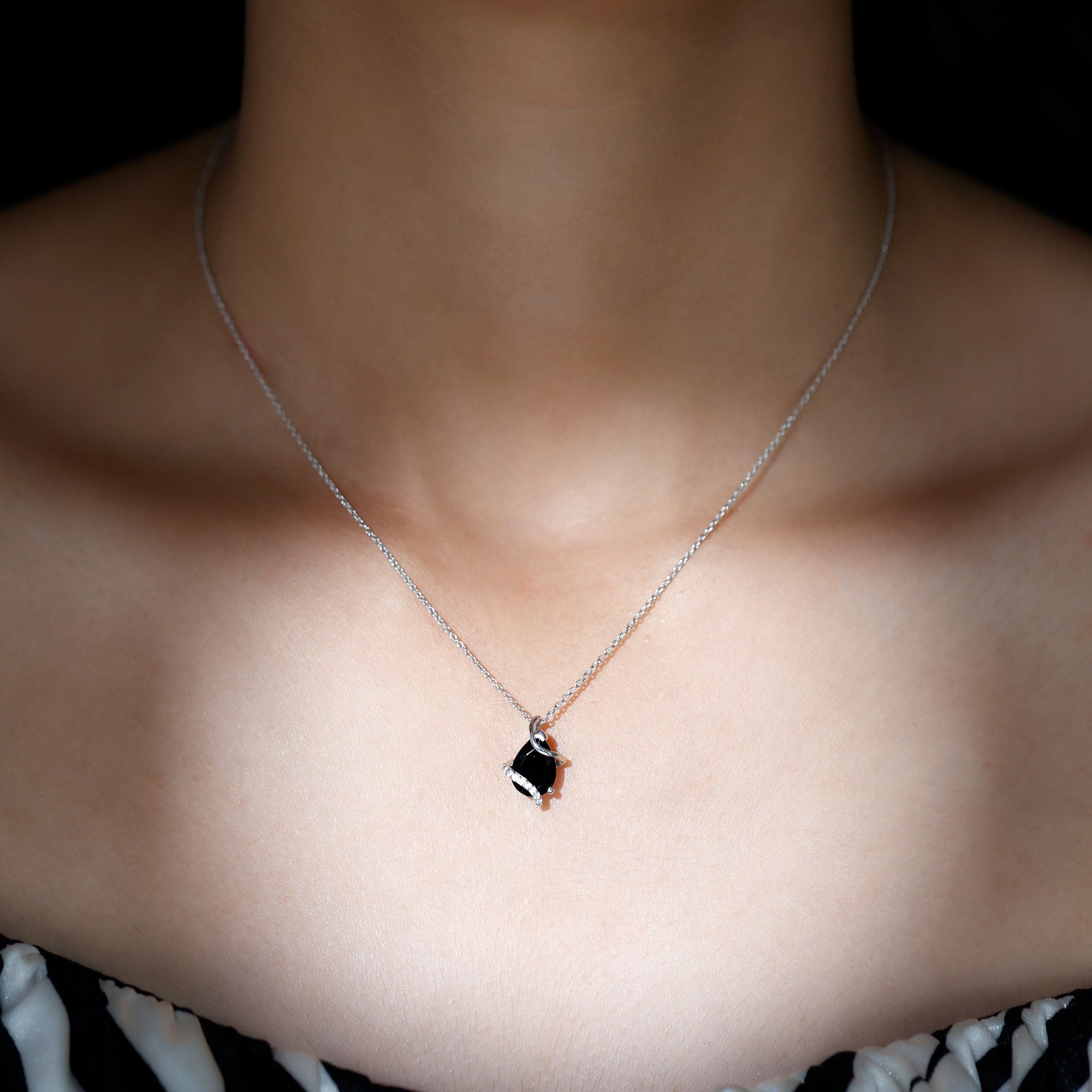 Natural 1.75 Carat Pear Shape Black Spinel Pendant Necklace with Diamond AAA - Rosec Jewels