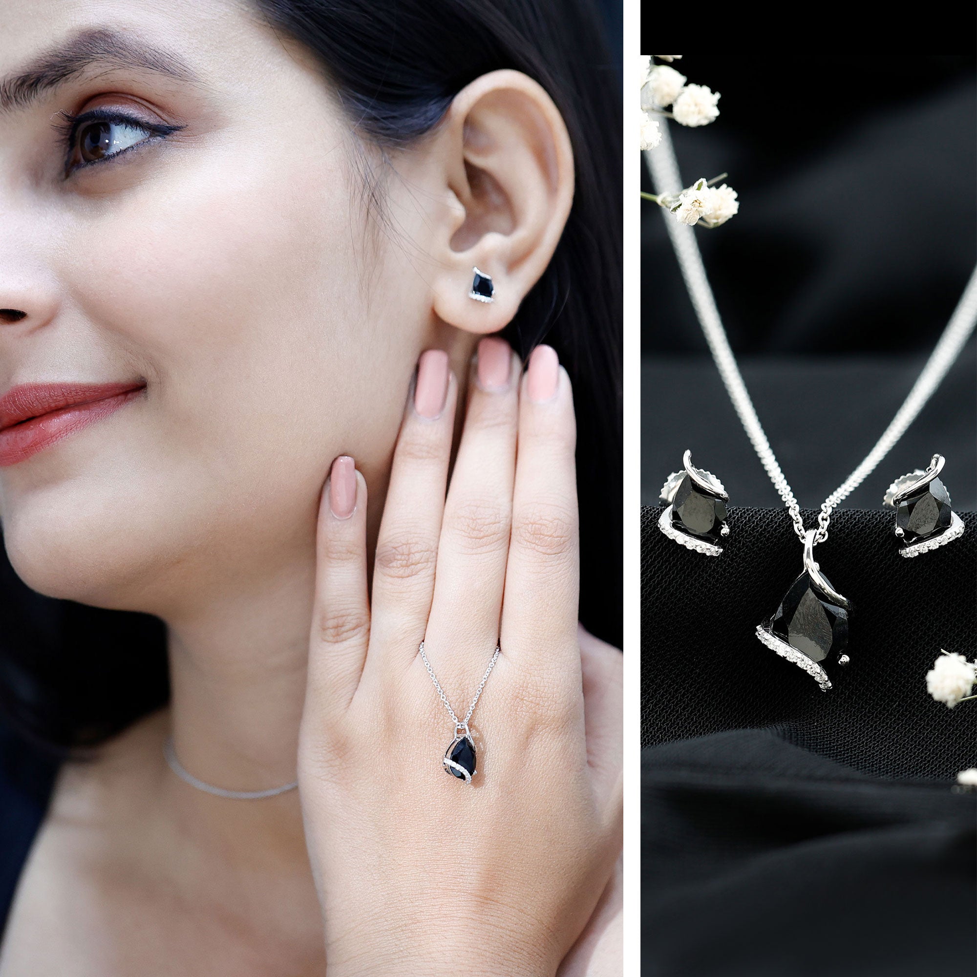 3 CT Black Spinel and Moissanite Teardrop Necklace Earrings Set AAA - Rosec Jewels
