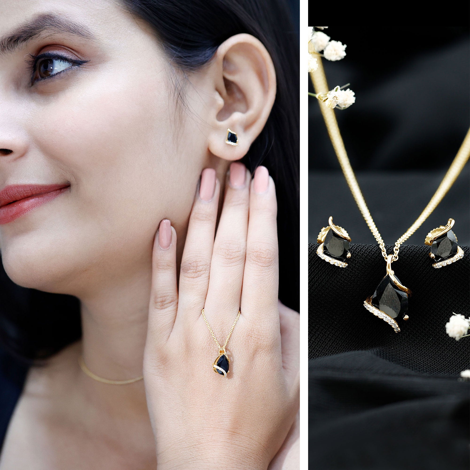 3 CT Black Spinel and Moissanite Teardrop Necklace Earrings Set AAA - Rosec Jewels