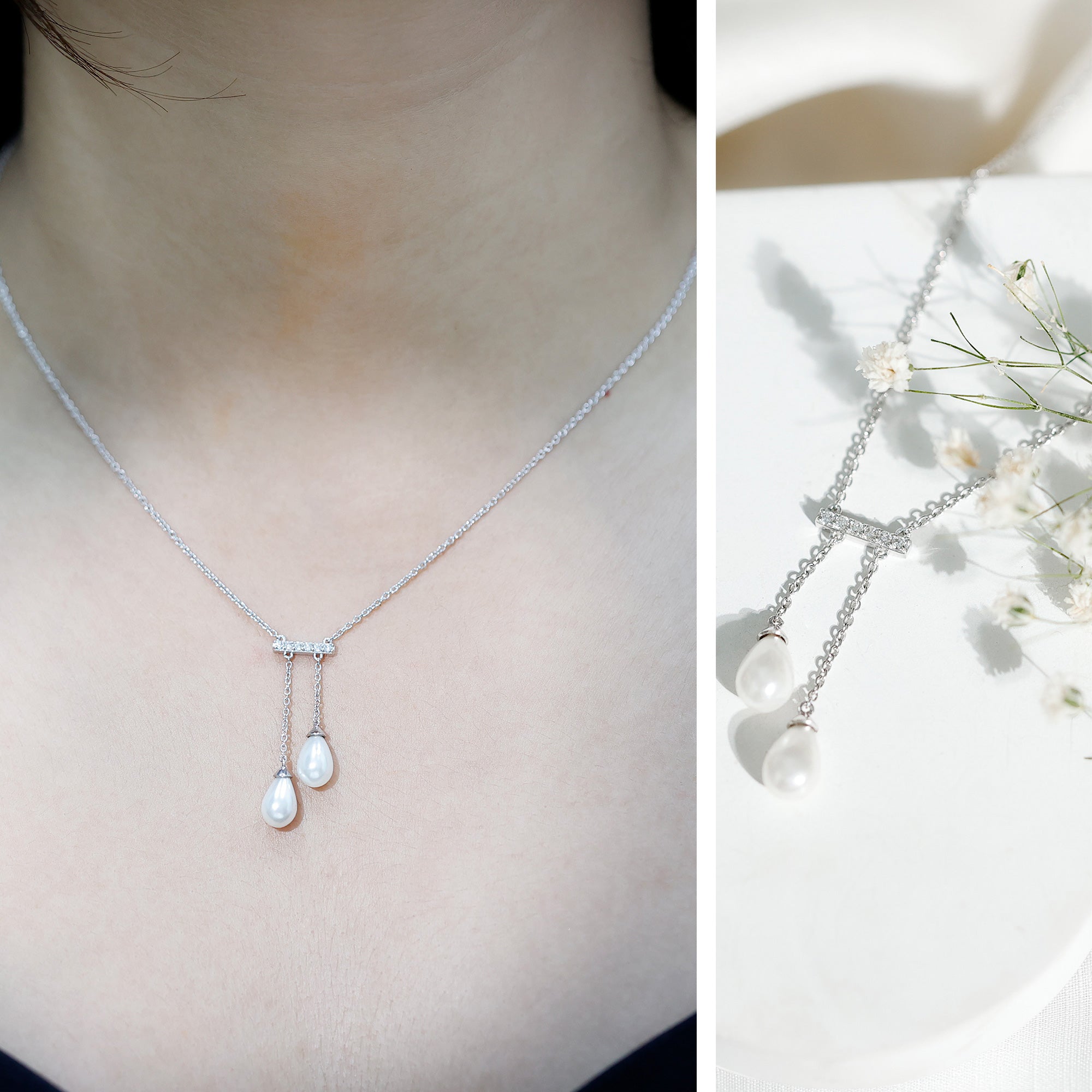 Genuine Freshwater Pearl and Diamond Bar Drop Necklace with Certificate AAA - Rosec Jewels