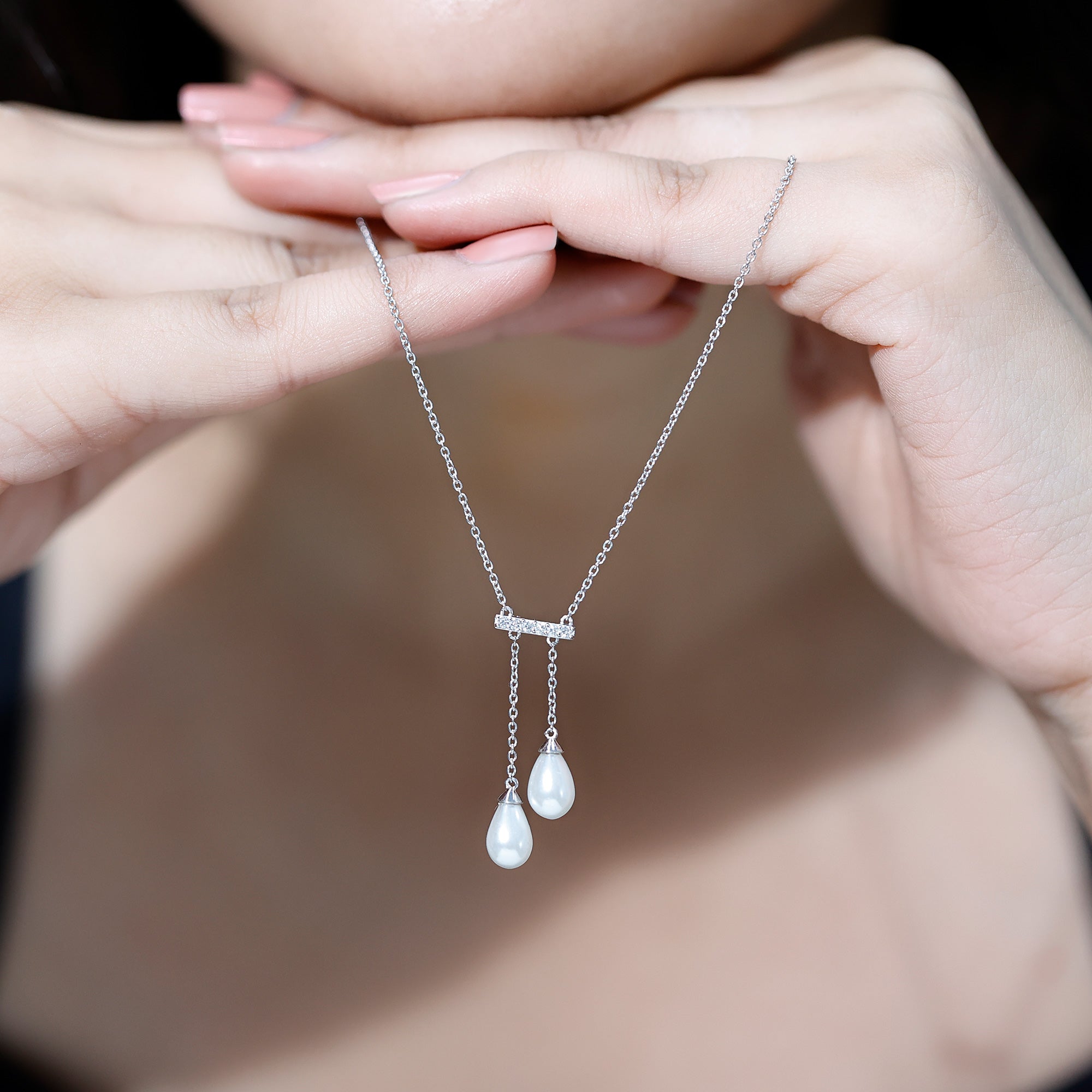 Genuine Freshwater Pearl and Diamond Bar Drop Necklace with Certificate AAA - Rosec Jewels