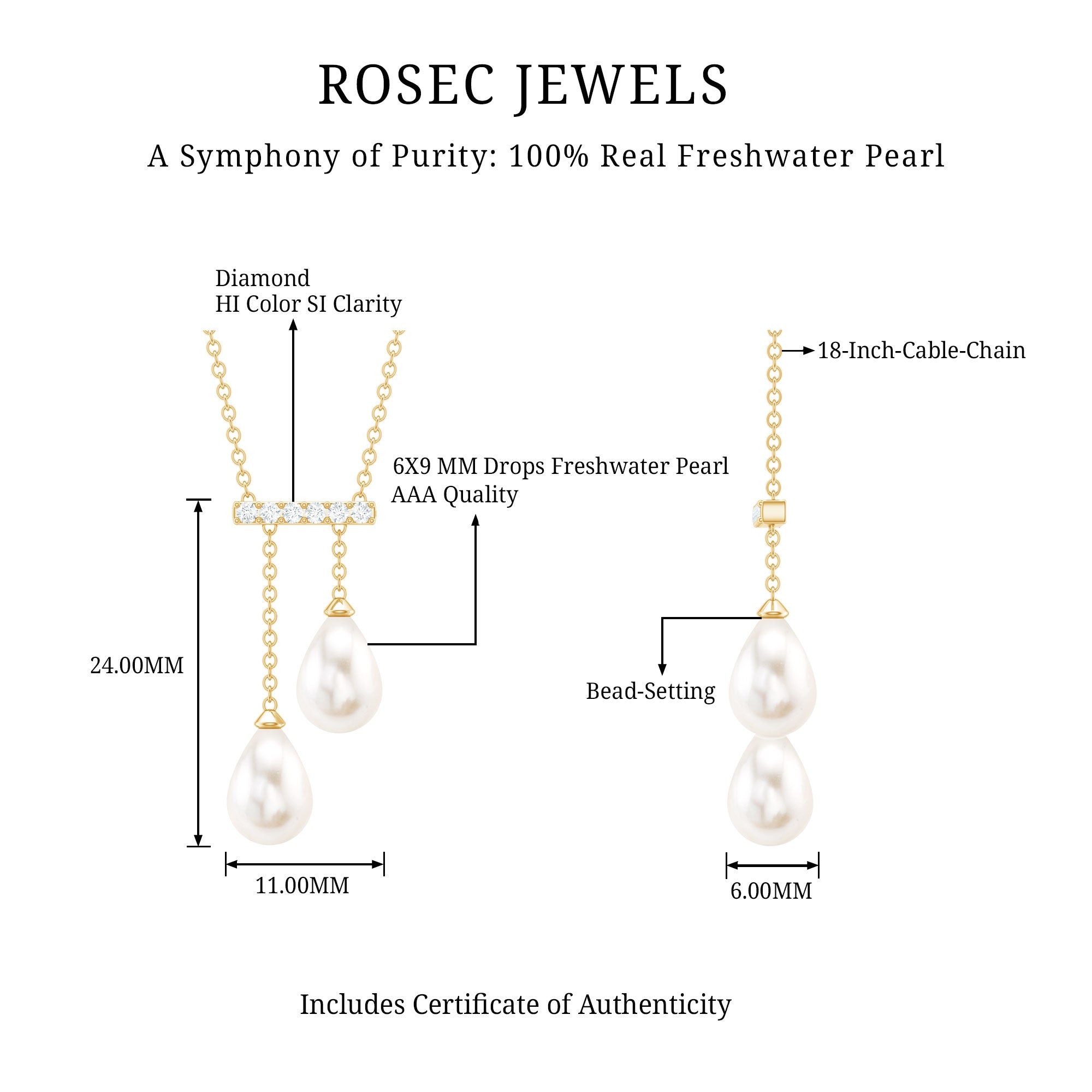 Genuine Freshwater Pearl and Diamond Bar Drop Necklace with Certificate AAA - Rosec Jewels