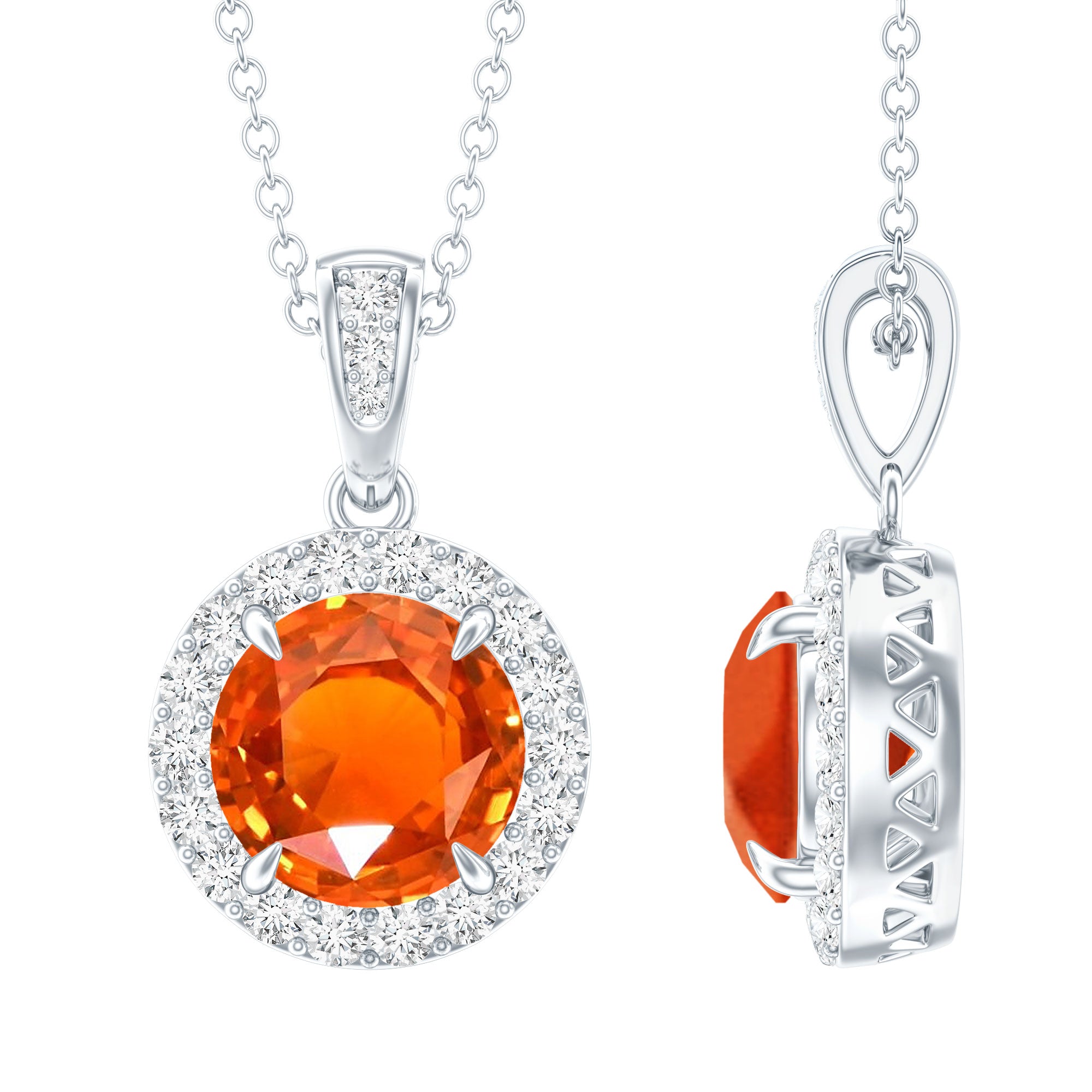 Created Orange Sapphire Pendant Necklace with Diamond Halo AAAA - Rosec Jewels