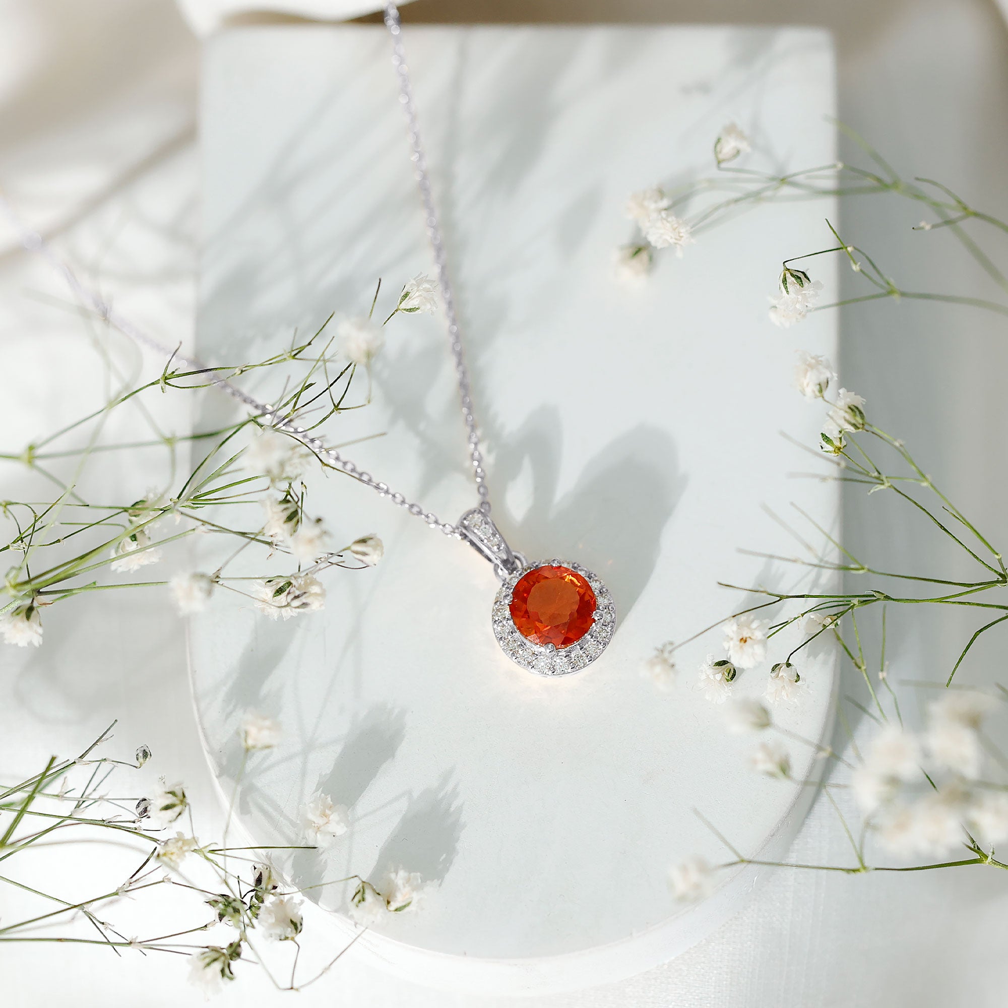 Created Orange Sapphire Pendant Necklace with Diamond Halo AAAA - Rosec Jewels