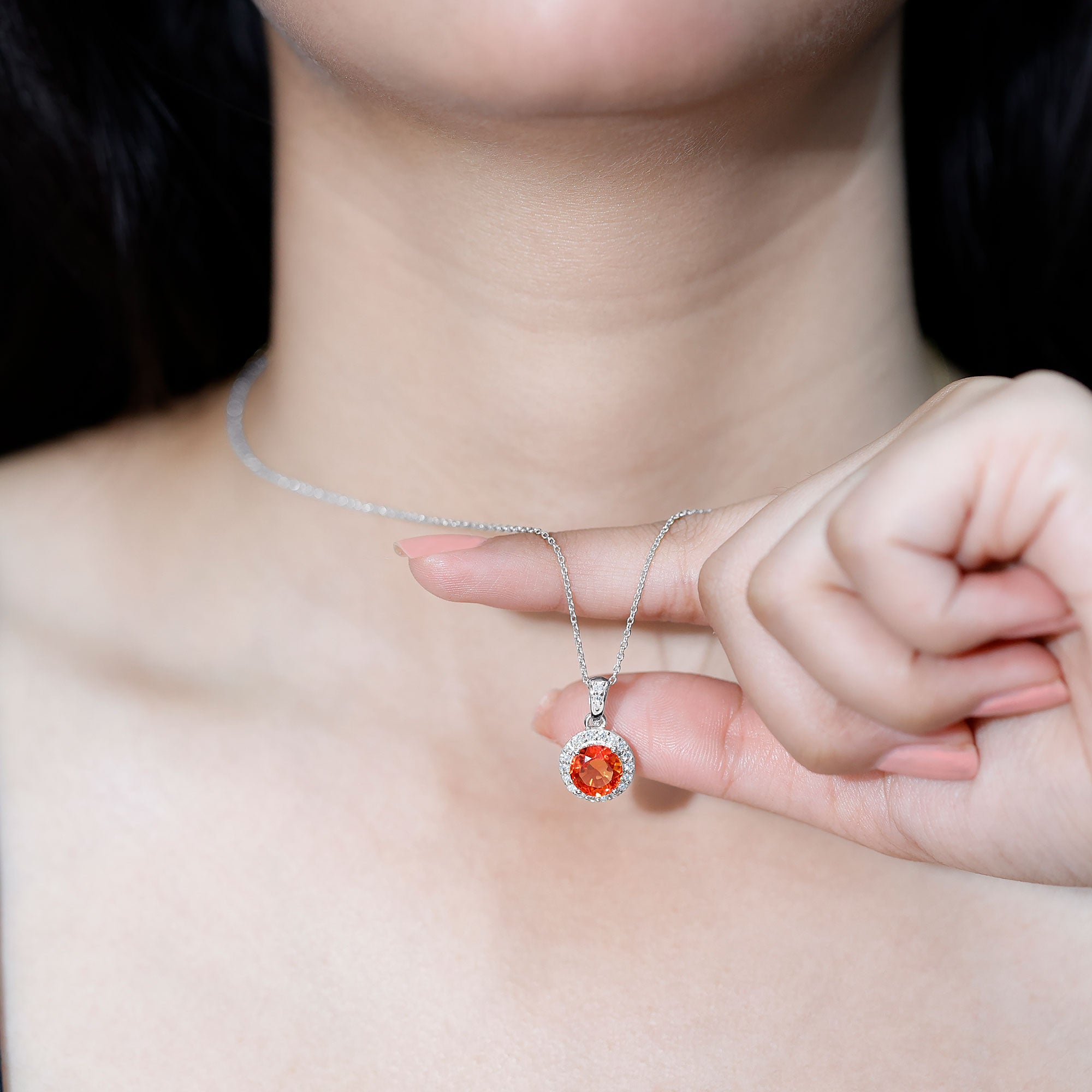 Created Orange Sapphire Pendant Necklace with Diamond Halo AAAA - Rosec Jewels