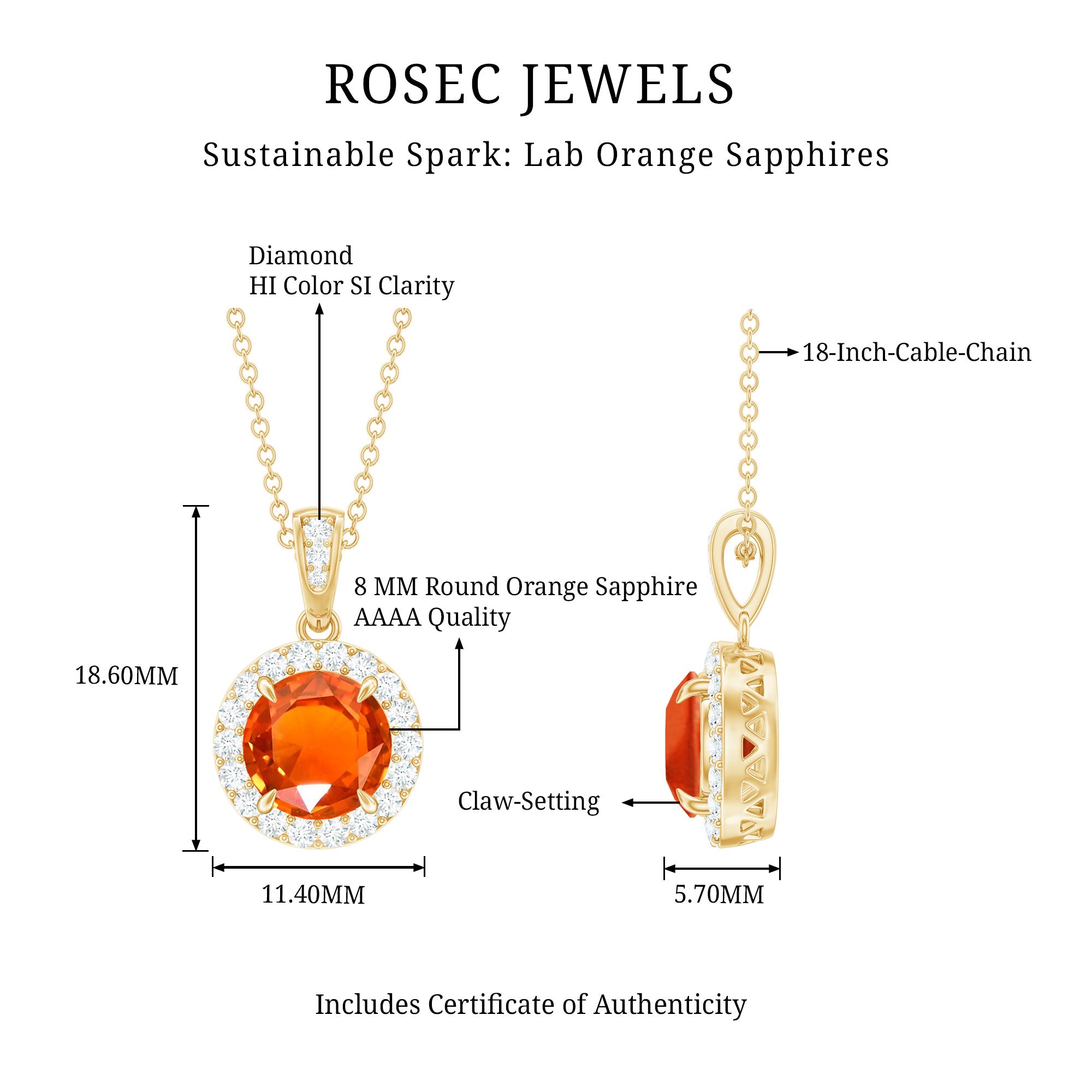 Created Orange Sapphire Pendant Necklace with Diamond Halo AAAA - Rosec Jewels