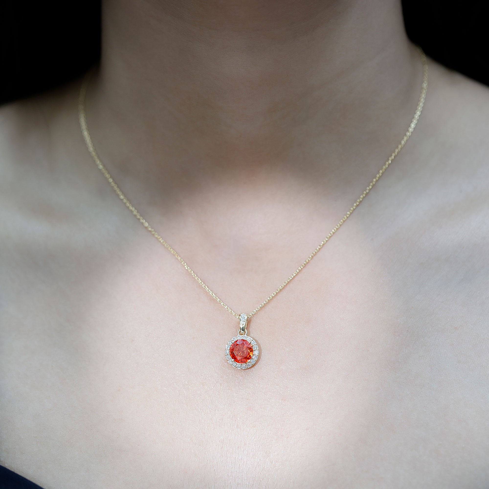 Created Orange Sapphire Pendant Necklace with Diamond Halo AAAA - Rosec Jewels
