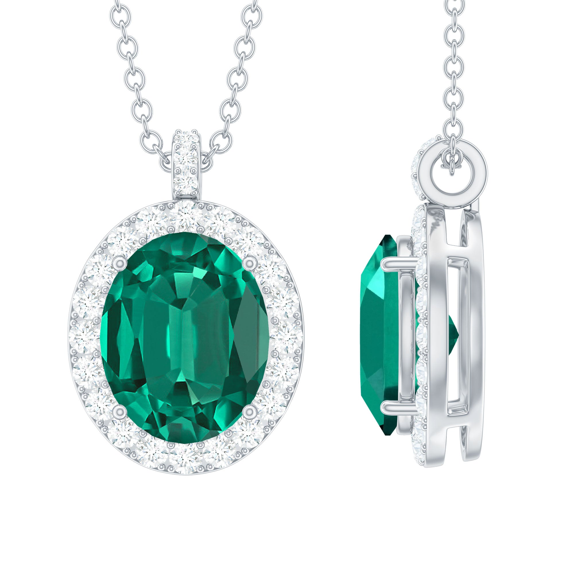 Oval Created Emerald Halo Pendant with Diamond Accent Bail