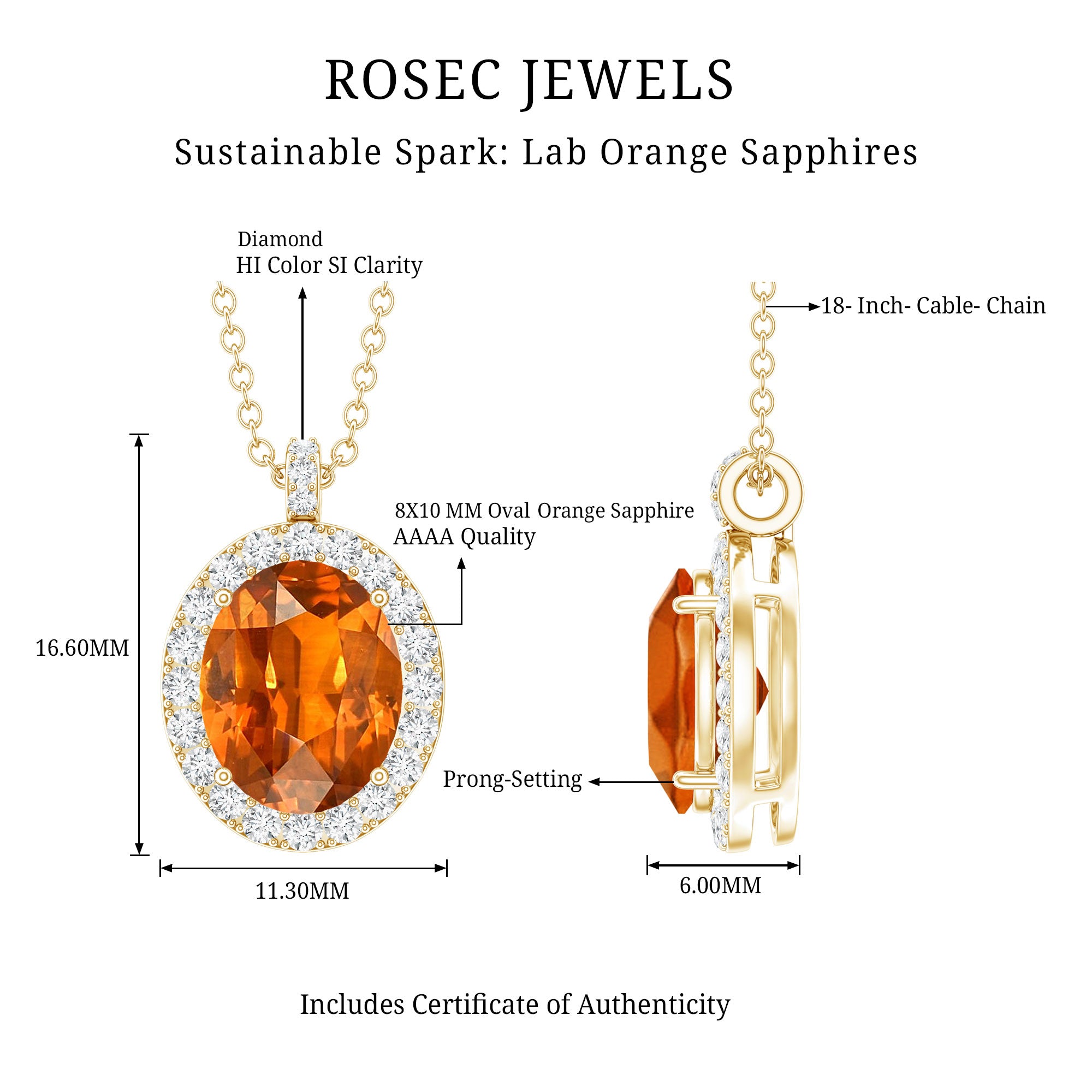 Oval Created Orange Sapphire and Diamond Halo Pendant AAAA - Rosec Jewels