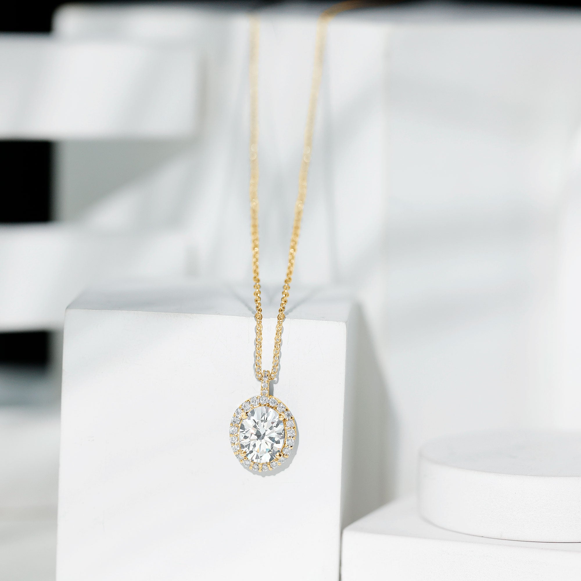 Oval Simulated Diamond Cocktail Halo Pendant AAAAA - Rosec Jewels