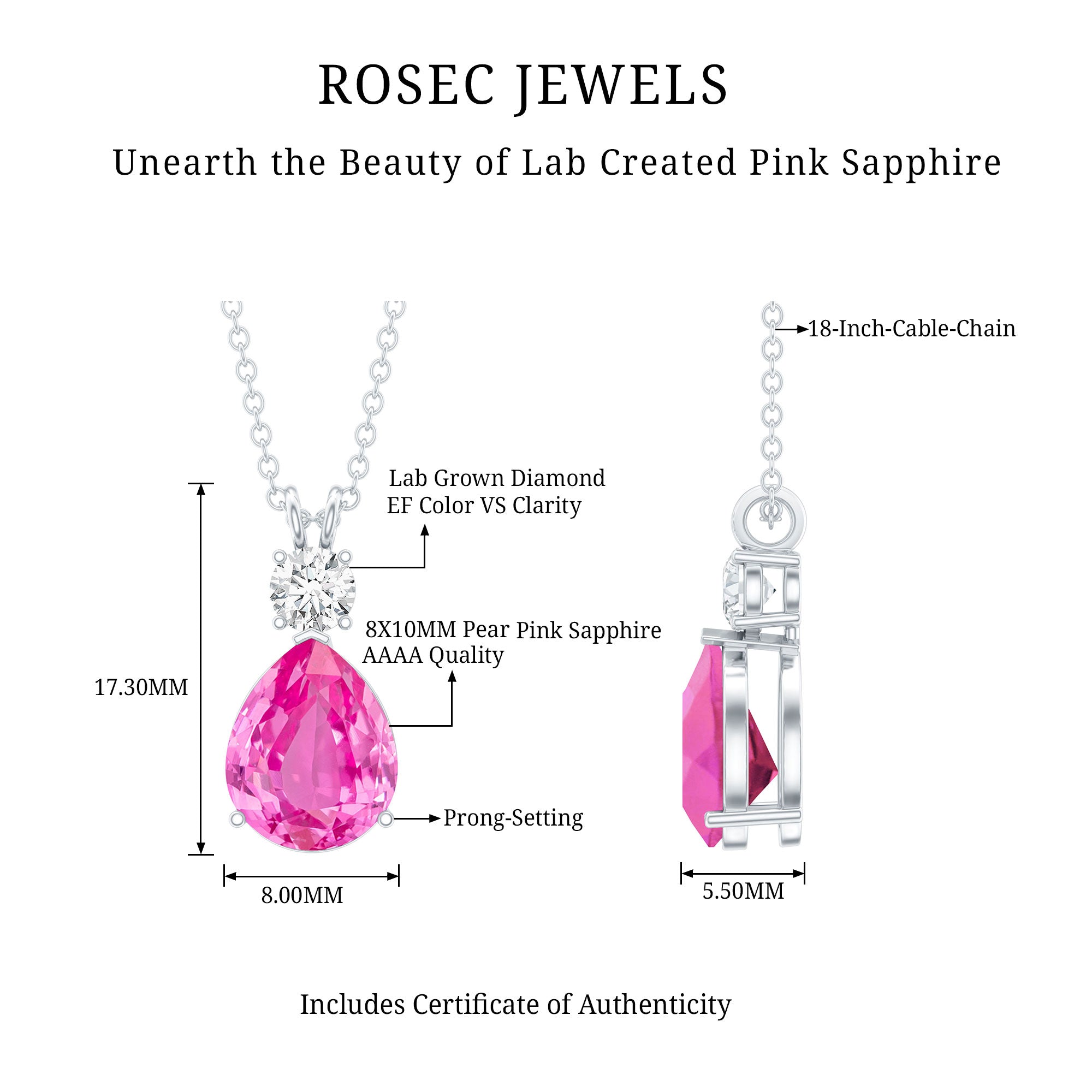 3.3 Carat Lab Grown Pink Sapphire and Diamond Teardrop Necklace AAAA - Rosec Jewels