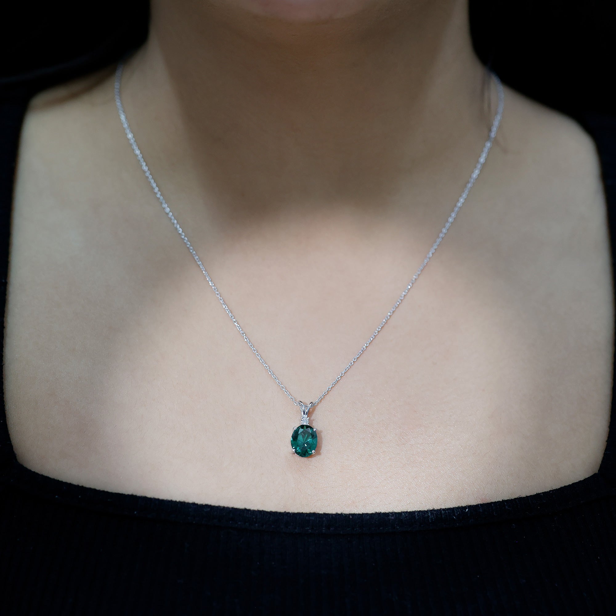 Oval Created Emerald and Moissanite Solitaire Pendant AAAA - Rosec Jewels