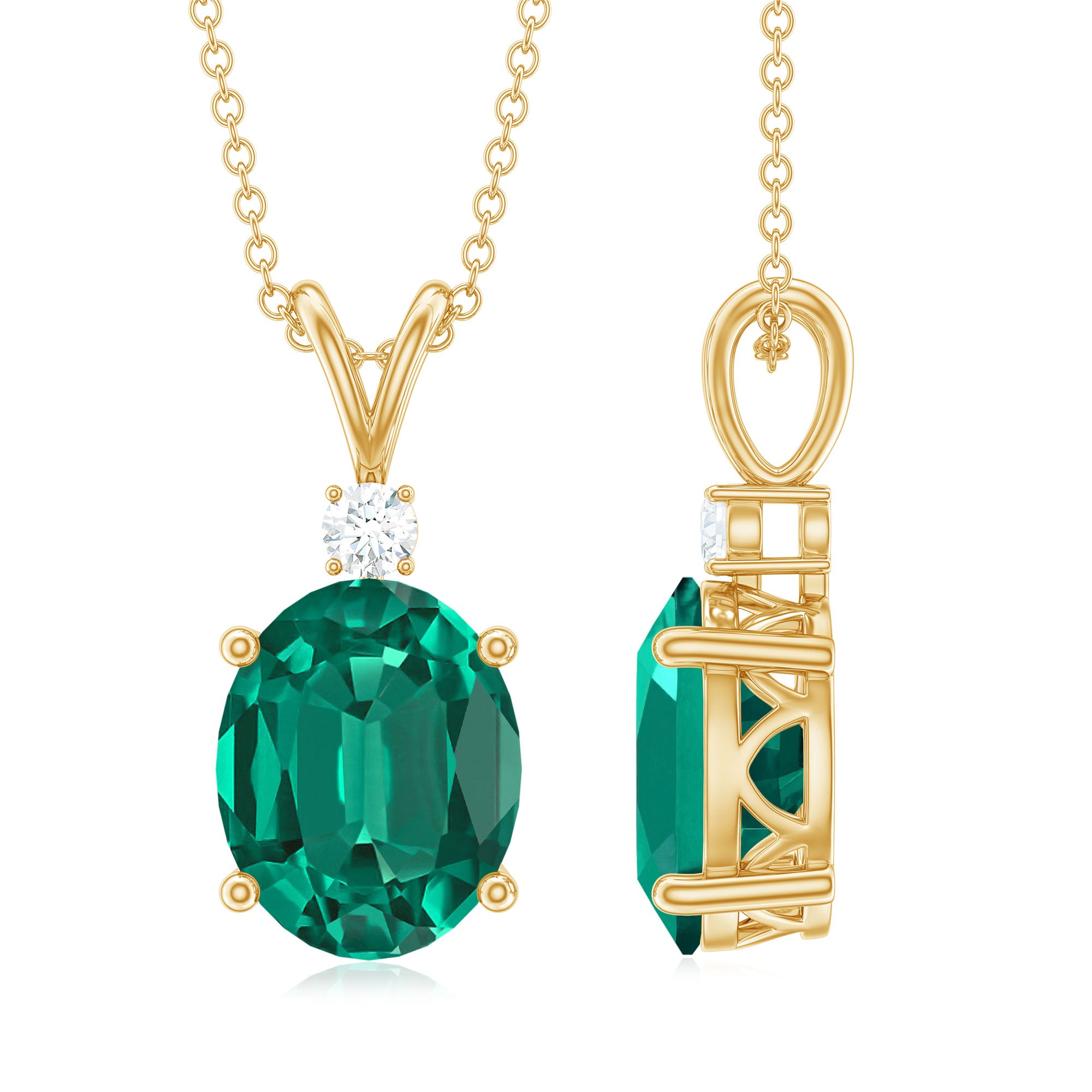 Oval Created Emerald and Moissanite Solitaire Pendant AAAA - Rosec Jewels