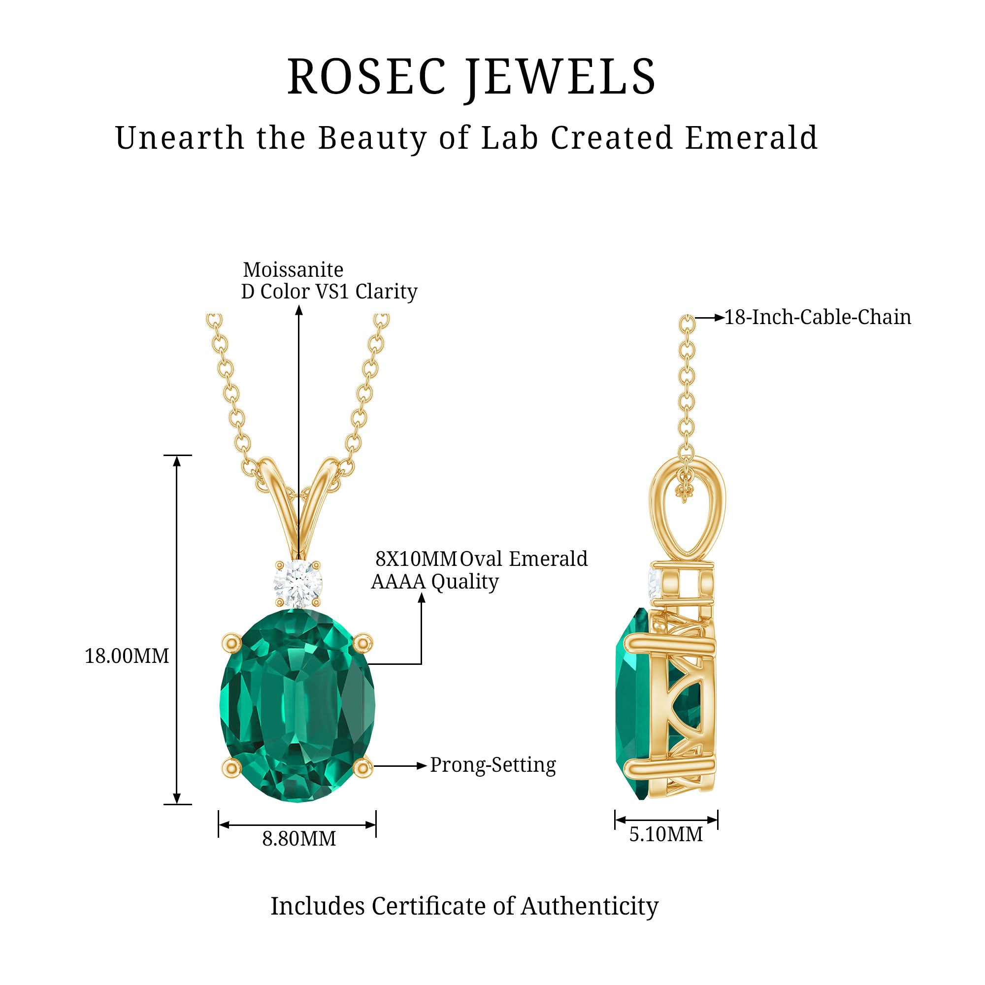Oval Created Emerald and Moissanite Solitaire Pendant AAAA - Rosec Jewels